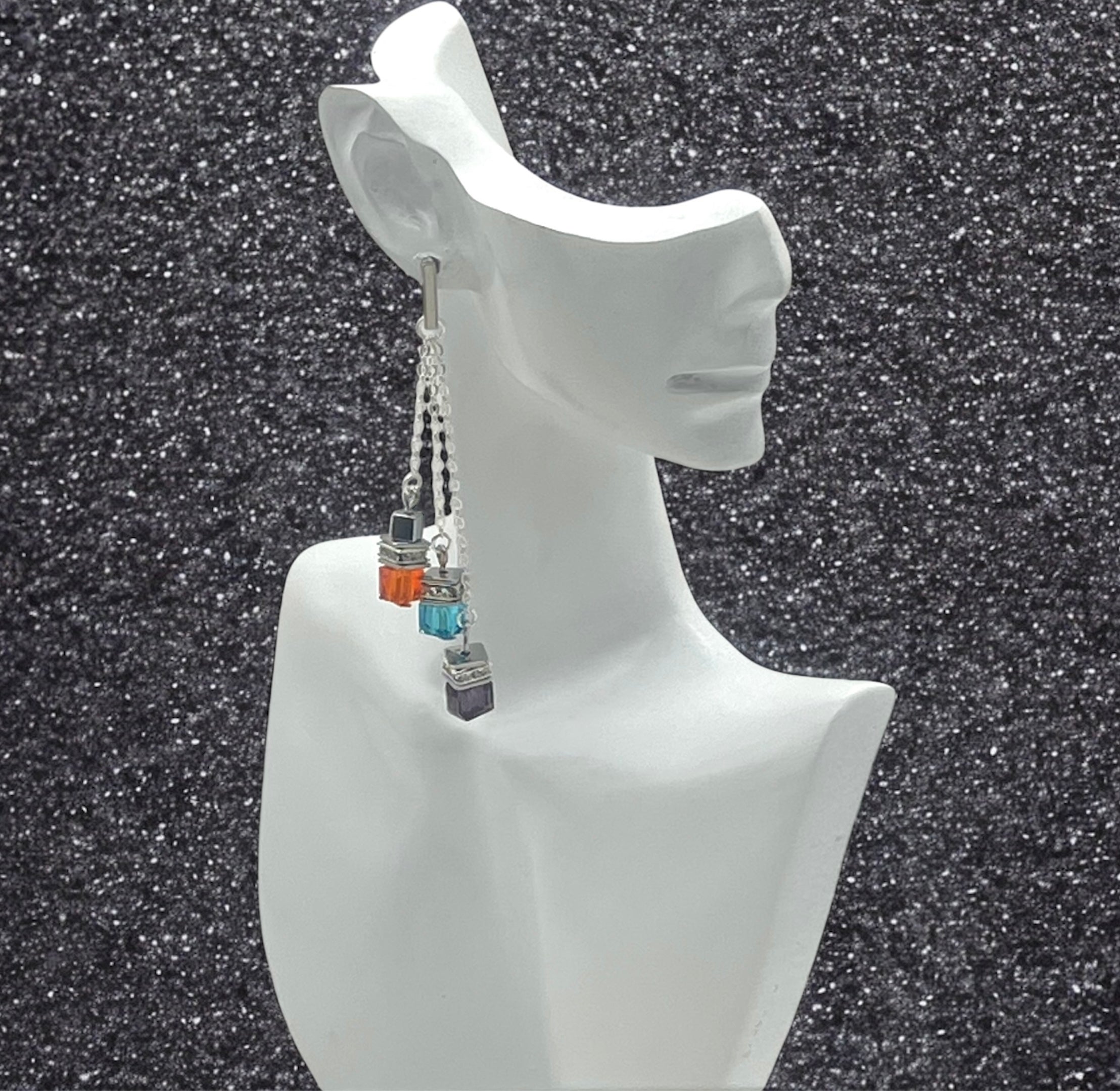 Multicolour Cube Crystal Glass Drop Earrings | Silver Stainless Steel
