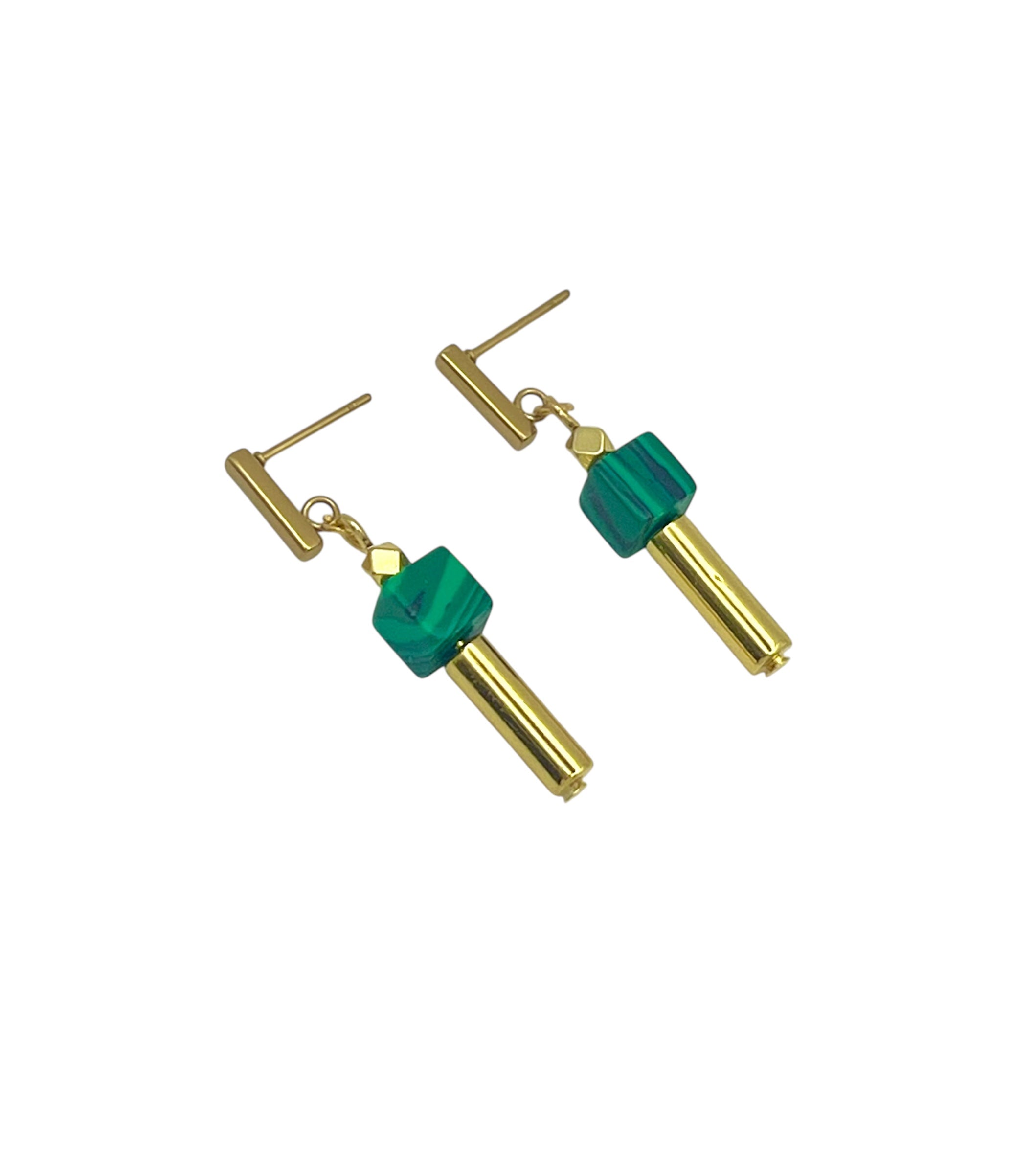 Green Machiate Stone Cube Drop Earrings | Gold Stainless Steel Jewelry
