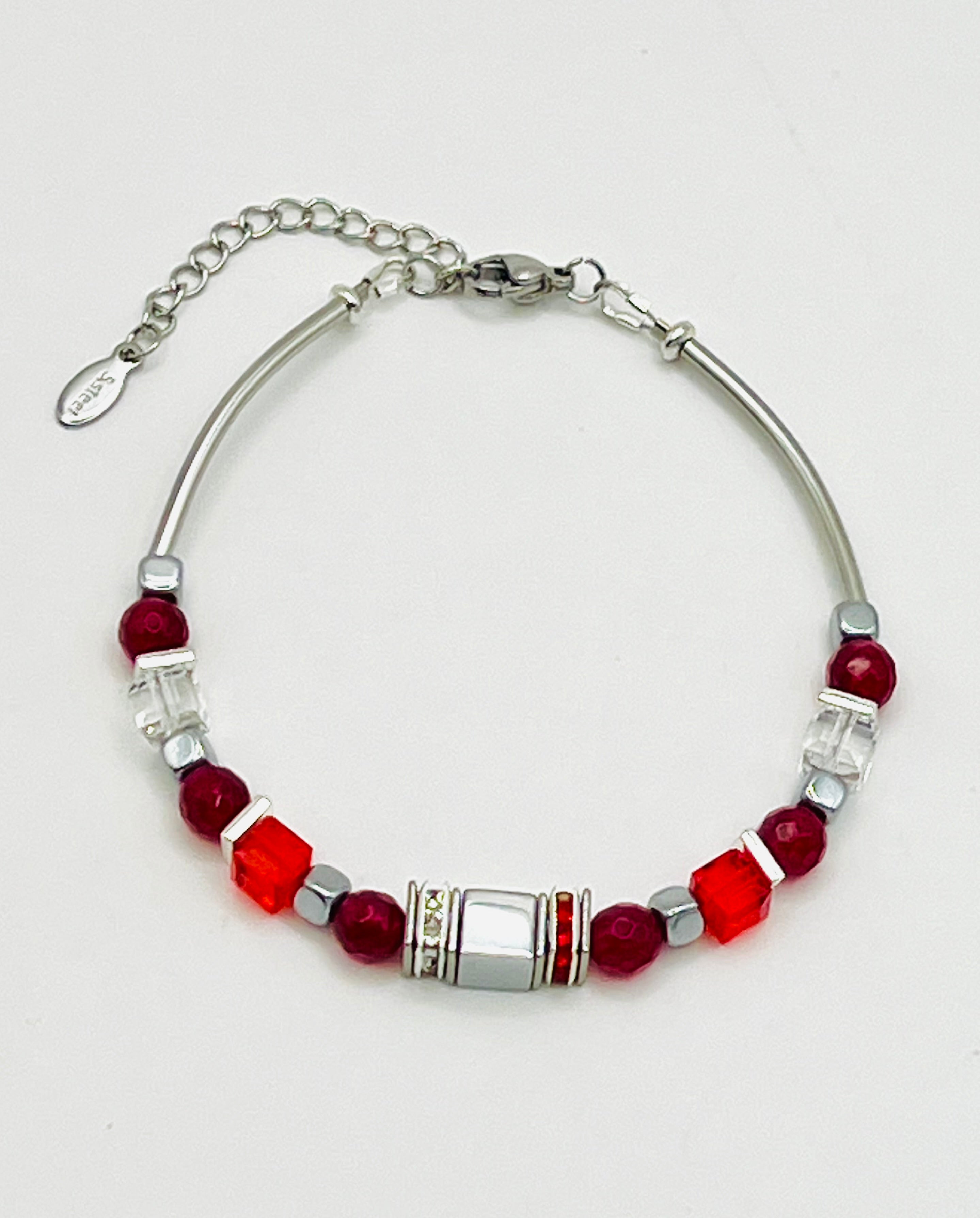Red Crystal Glass Stone Bracelet – Silver Stainless Steel