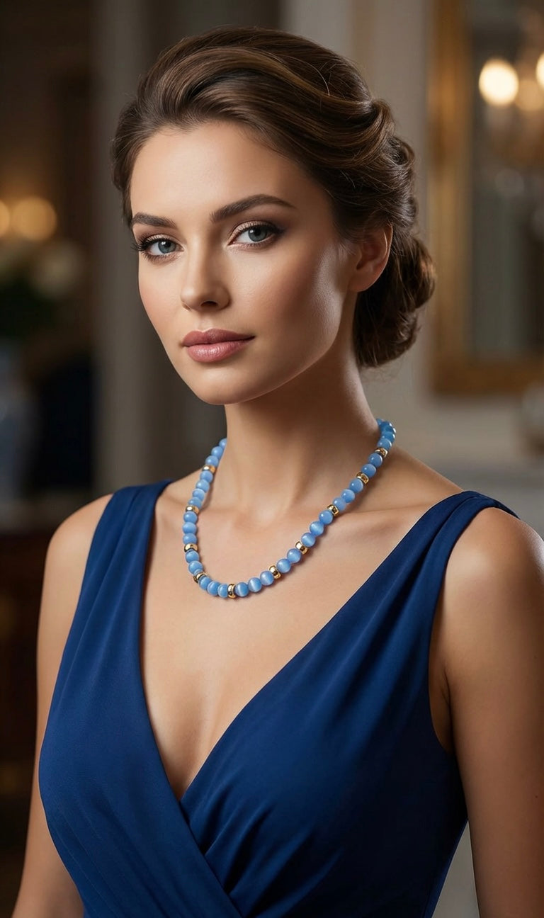 Blue Cat’s Eye Natural Stone Necklace | Silver Stainless Steel Lobster Clasp