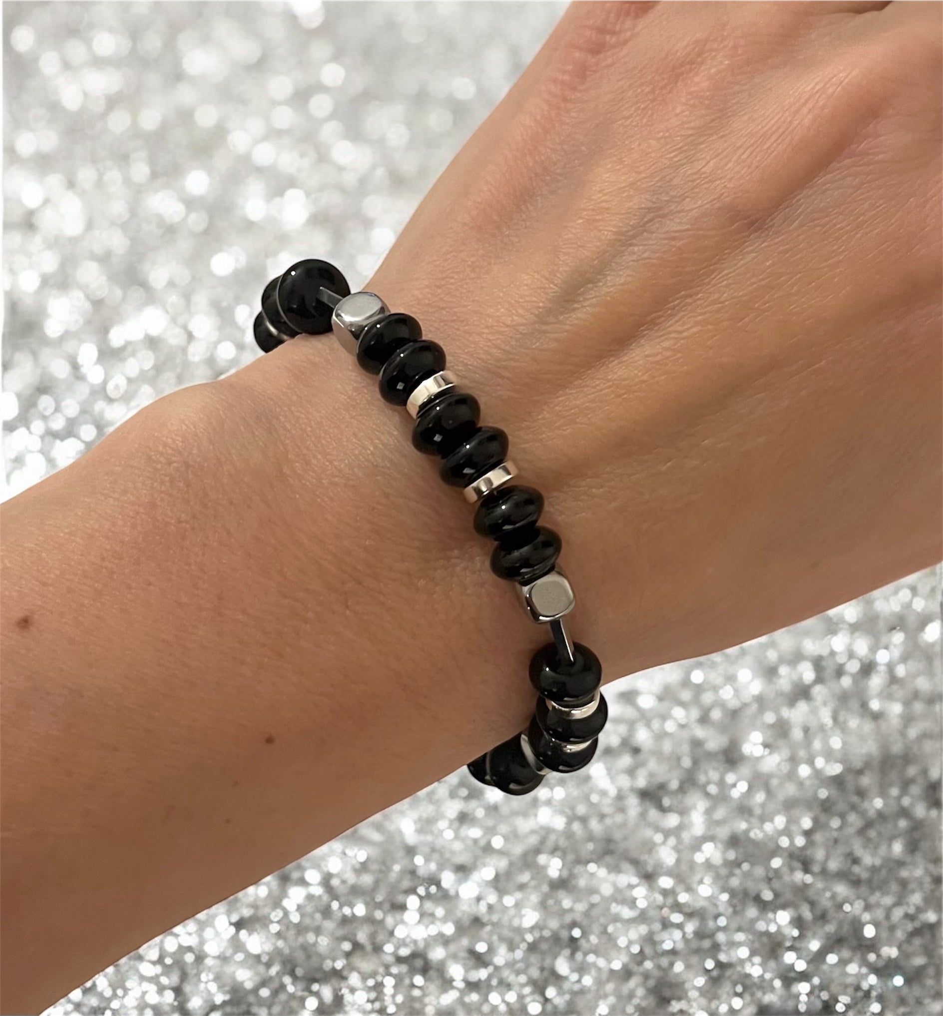 Black Onyx & Silver Natural Stone Bracelet in Stainless Steel – Perfect Jewelry Gift