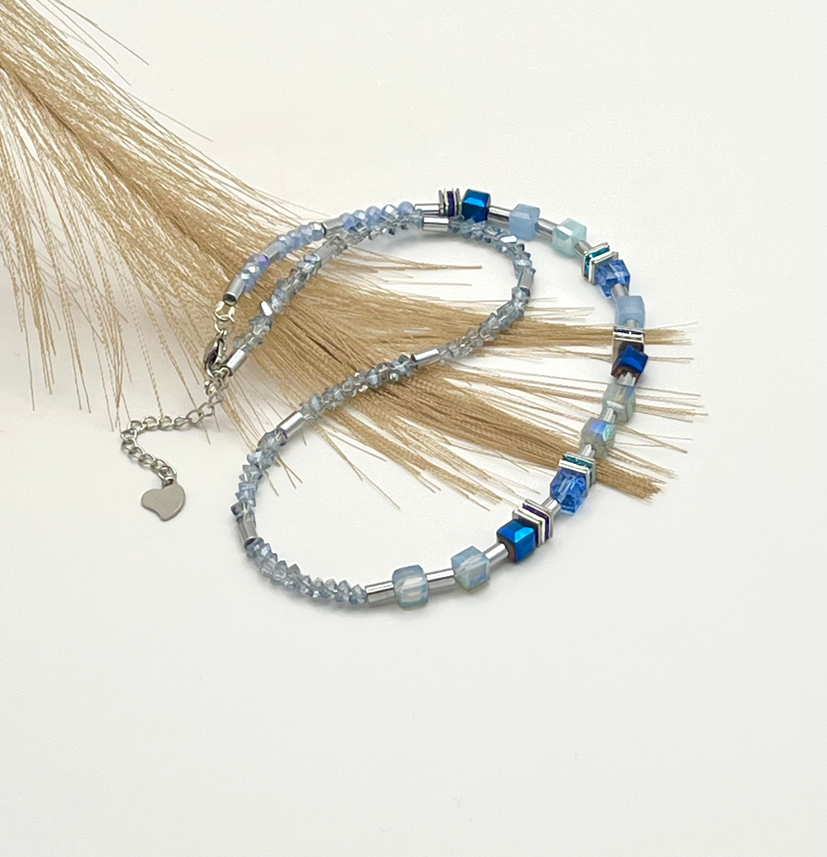 Delicate Light Blue Crystal Glass Necklace with Silver Steel