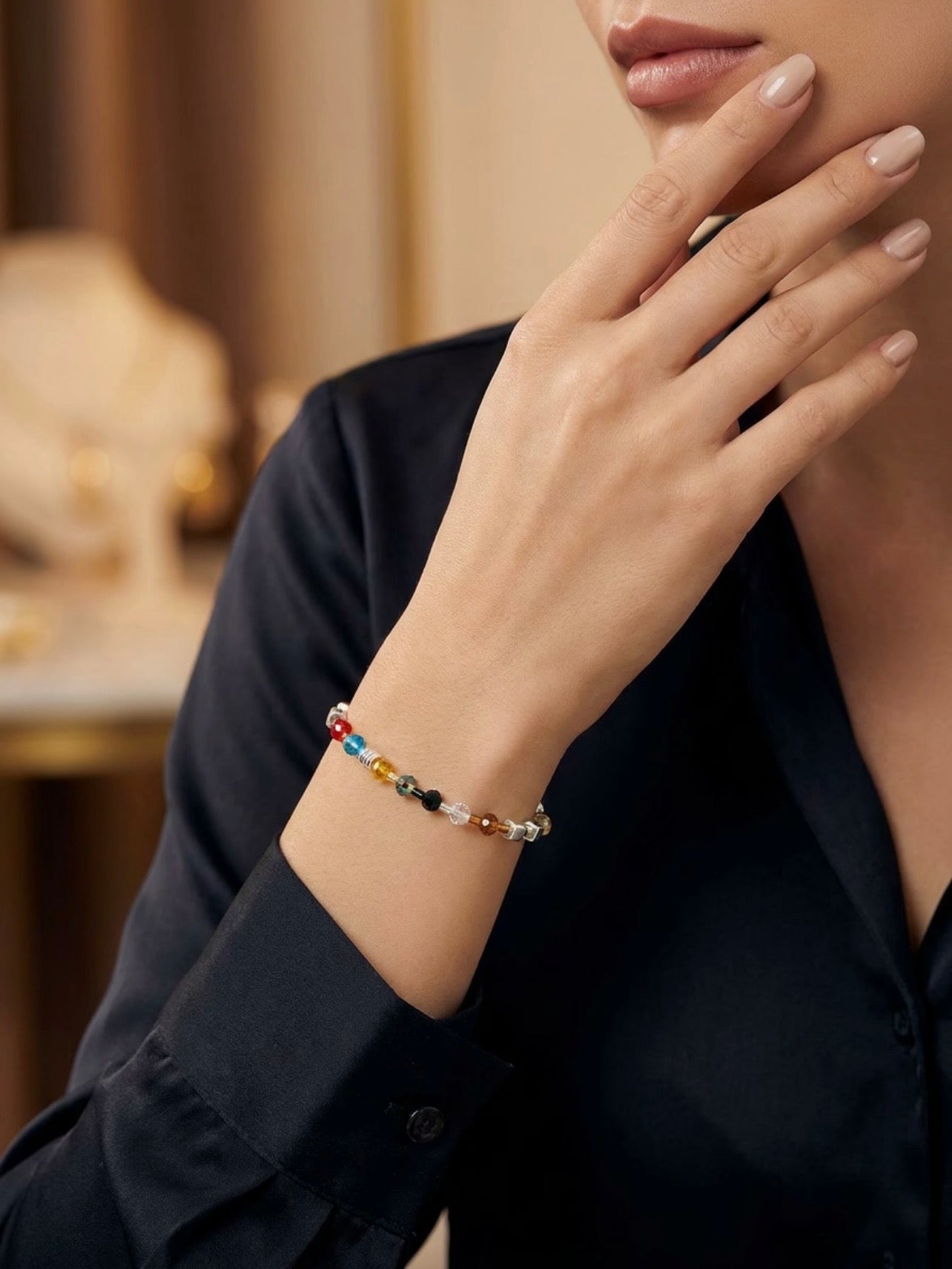 Multicolour & White Natural Stone Bracelet – Gold Plated Clasp