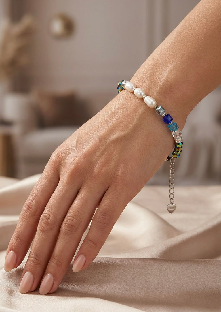 All Blue Glass Bracelet with White Natural Pearls – Silver Stainless Steel