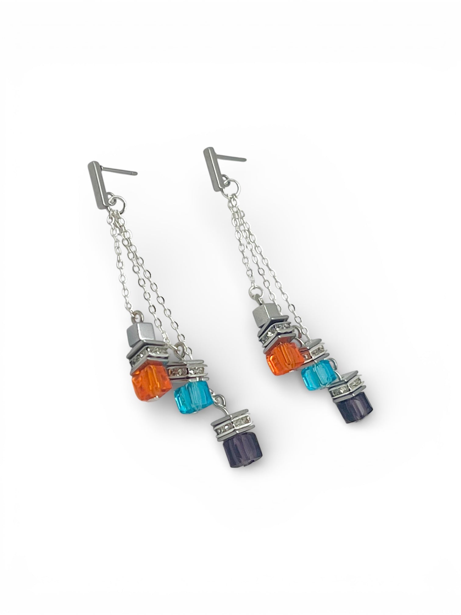 Multicolour Cube Crystal Glass Drop Earrings | Silver Stainless Steel