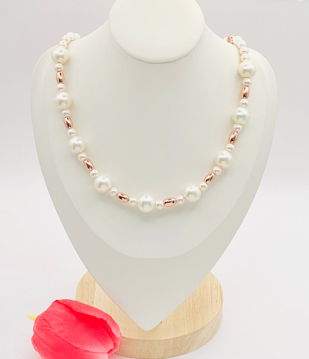 Cream and Rose Gold Natural Stone Necklace with Gold Stainless Steel Clasp