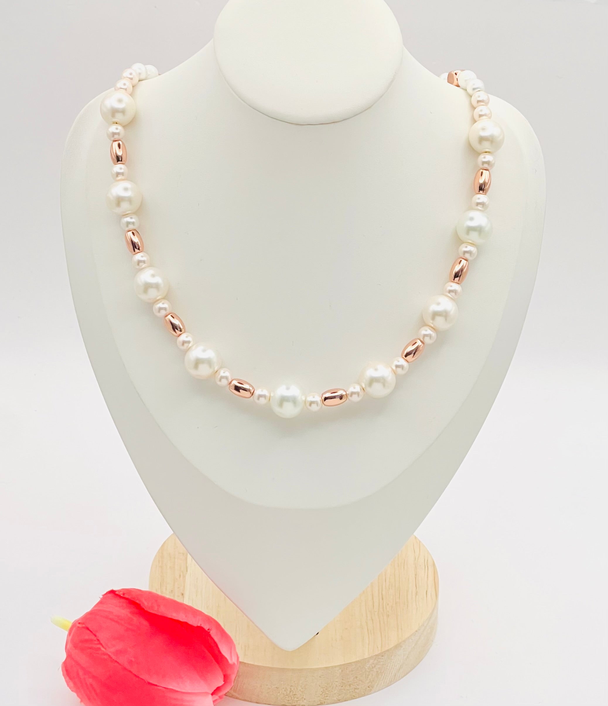 Cream and Rose Gold Natural Stone Necklace with Gold Stainless Steel Clasp