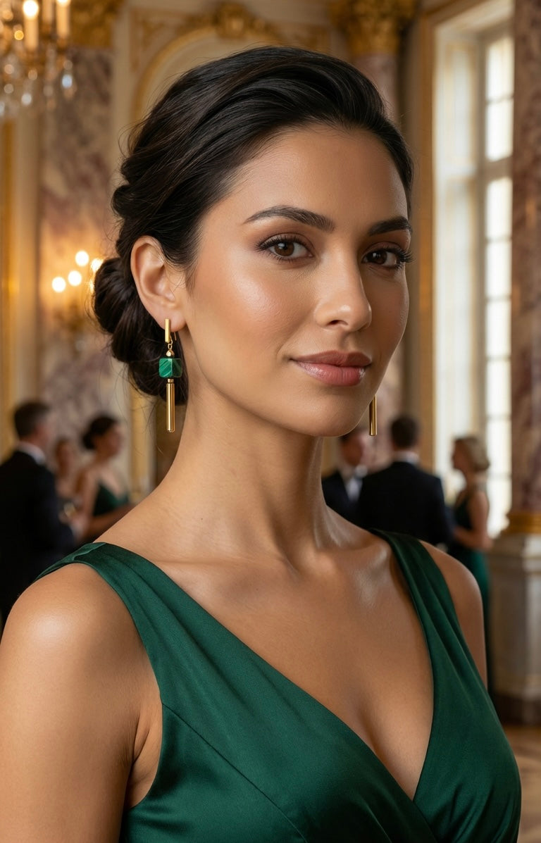 Green Machiate Stone Cube Drop Earrings | Gold Stainless Steel Jewelry
