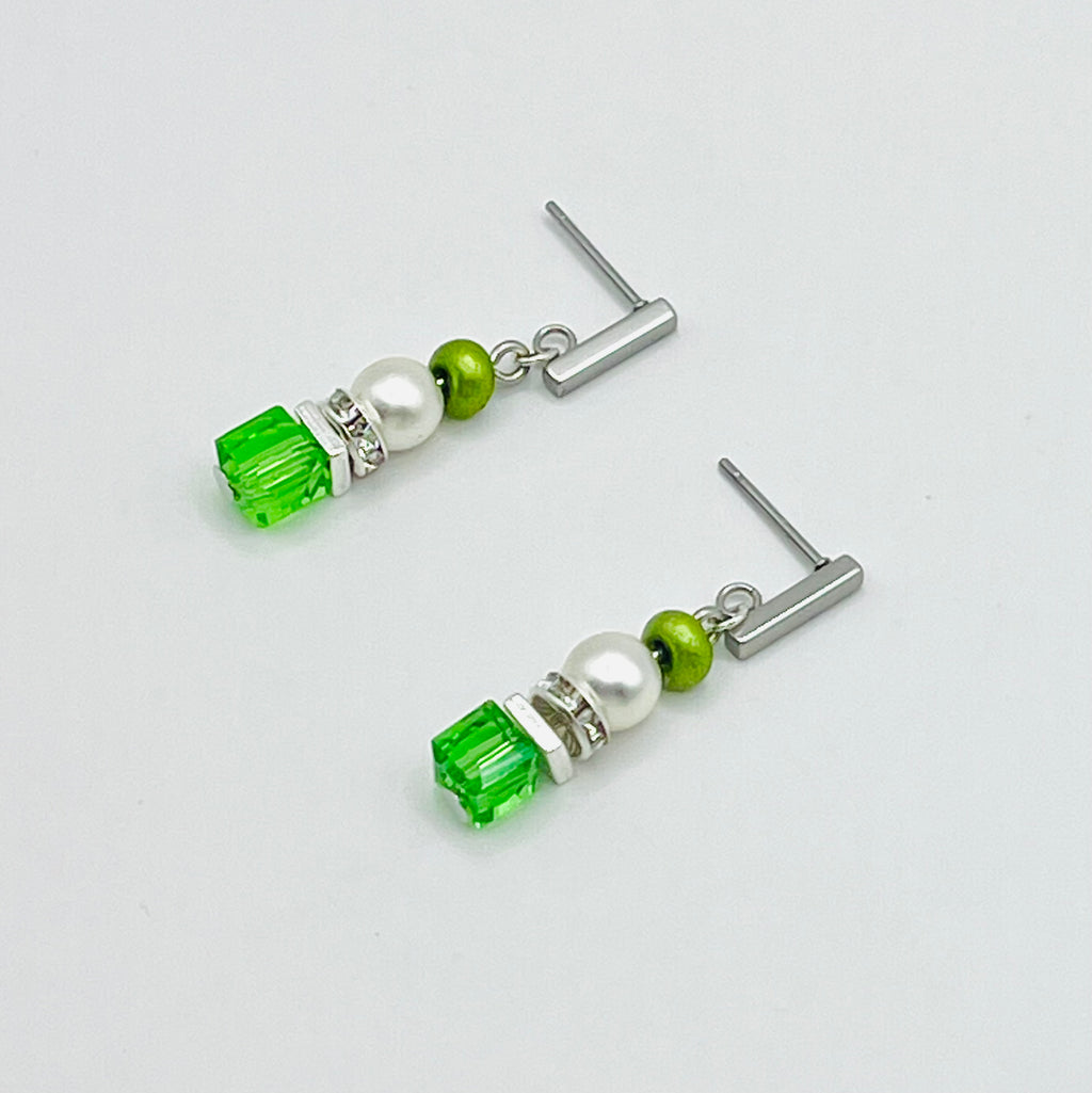 Green & White Stone Crystal Glass Drop Earrings | Rectangle Silver Stainless Steel Stud
