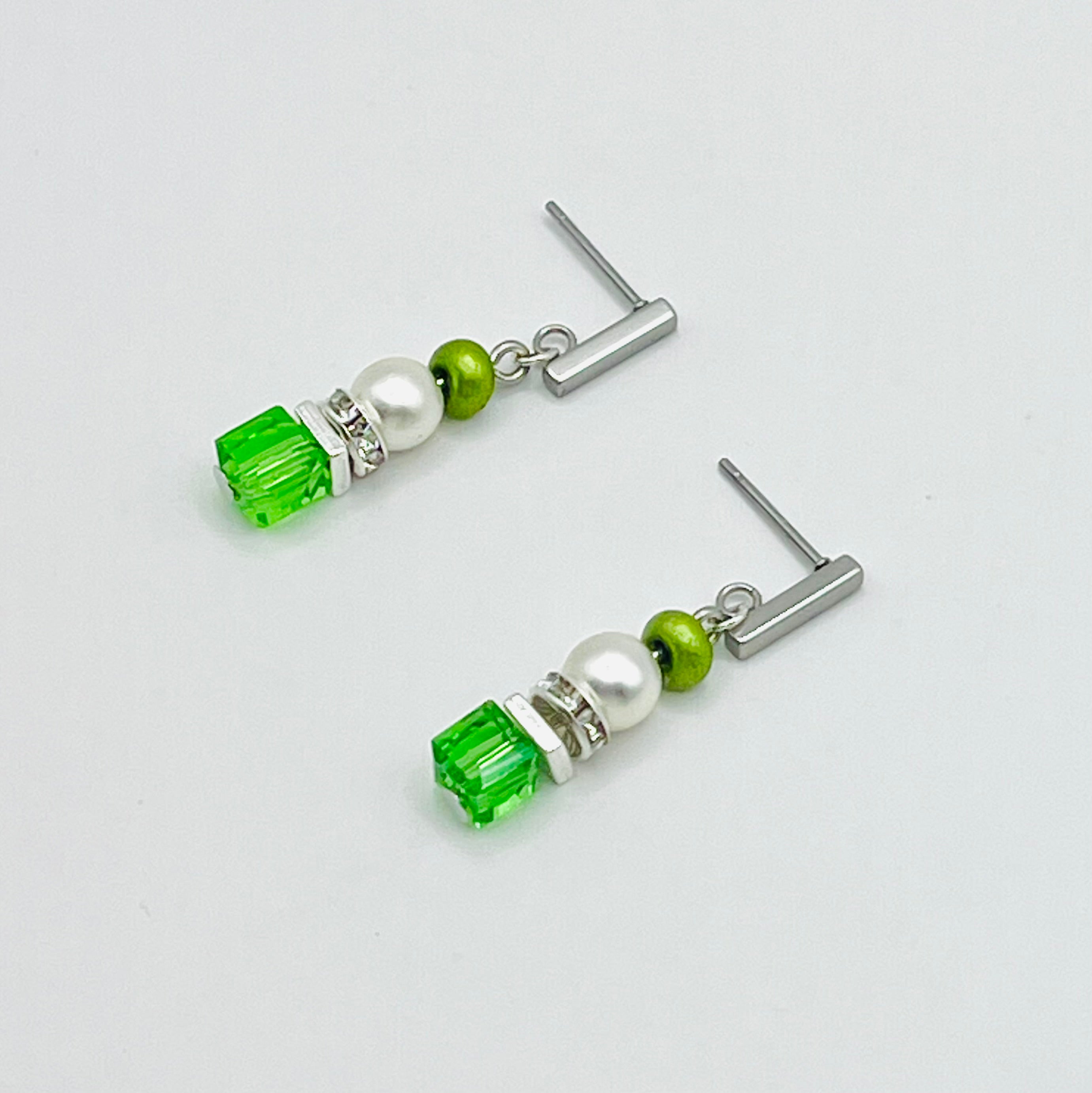 Green & White Stone Crystal Glass Drop Earrings | Rectangle Silver Stainless Steel Stud