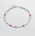 Silver & Pink Crystal Glass Stone Necklace | Silver Stainless Steel