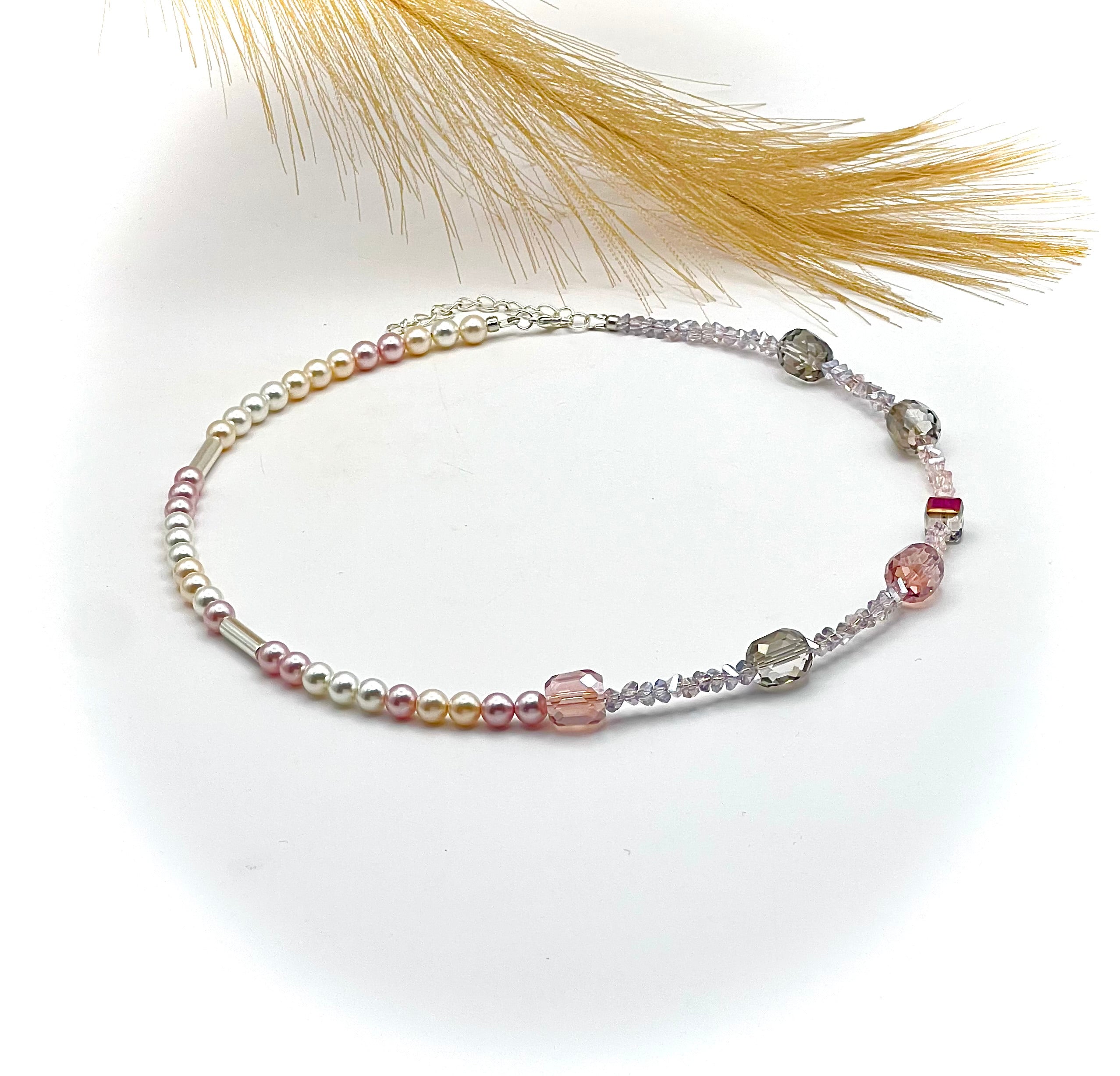 Lily of the Valley - Light pink and grey crystal glass stones necklace with a silver-plated lobster clasp