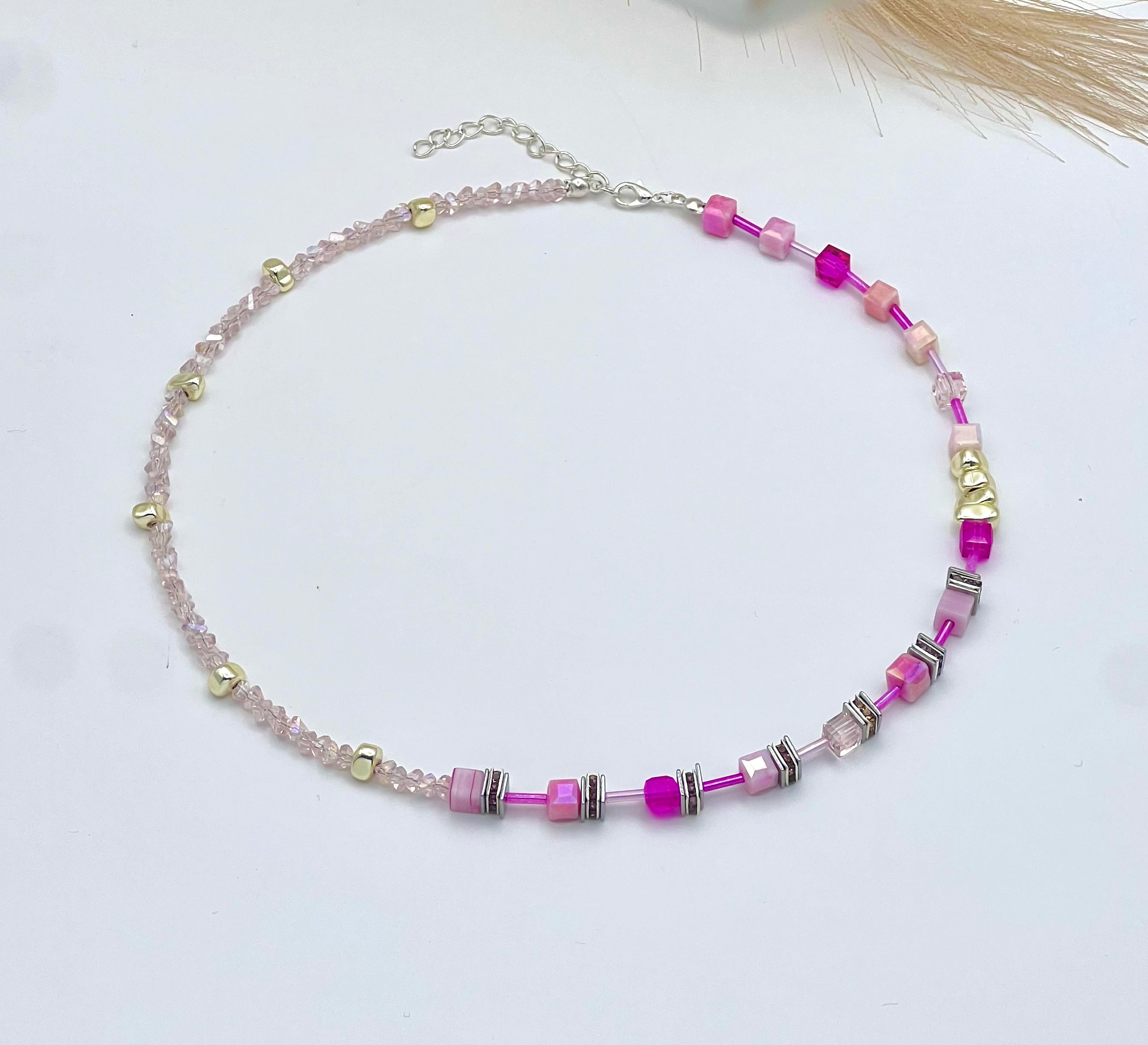 Rose Pink Crystal Glass Necklace Made with Natural Stones and a Silver-Plated Clasp – Women’s Jewellery