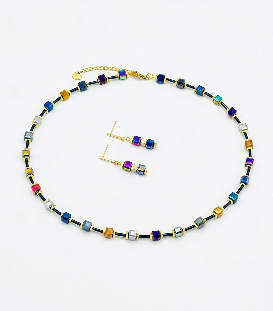 Multicolour and Black Crystal Glass Stones Necklace Set