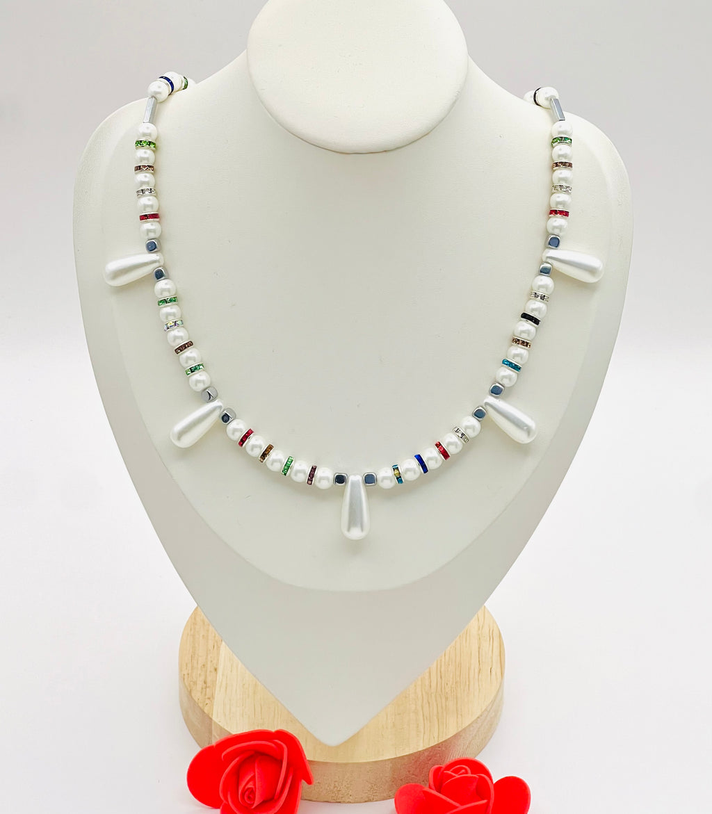 White Natural Stone & Multicolour Rhinestone Necklace | Silver-Plated Clasp