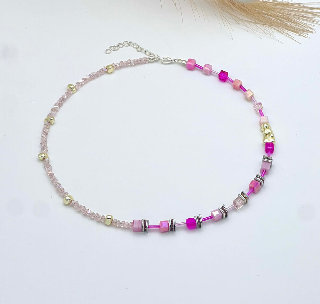 Rose Pink Crystal Glass Necklace Made with Natural Stones and a Silver-Plated Clasp – Women’s Jewellery