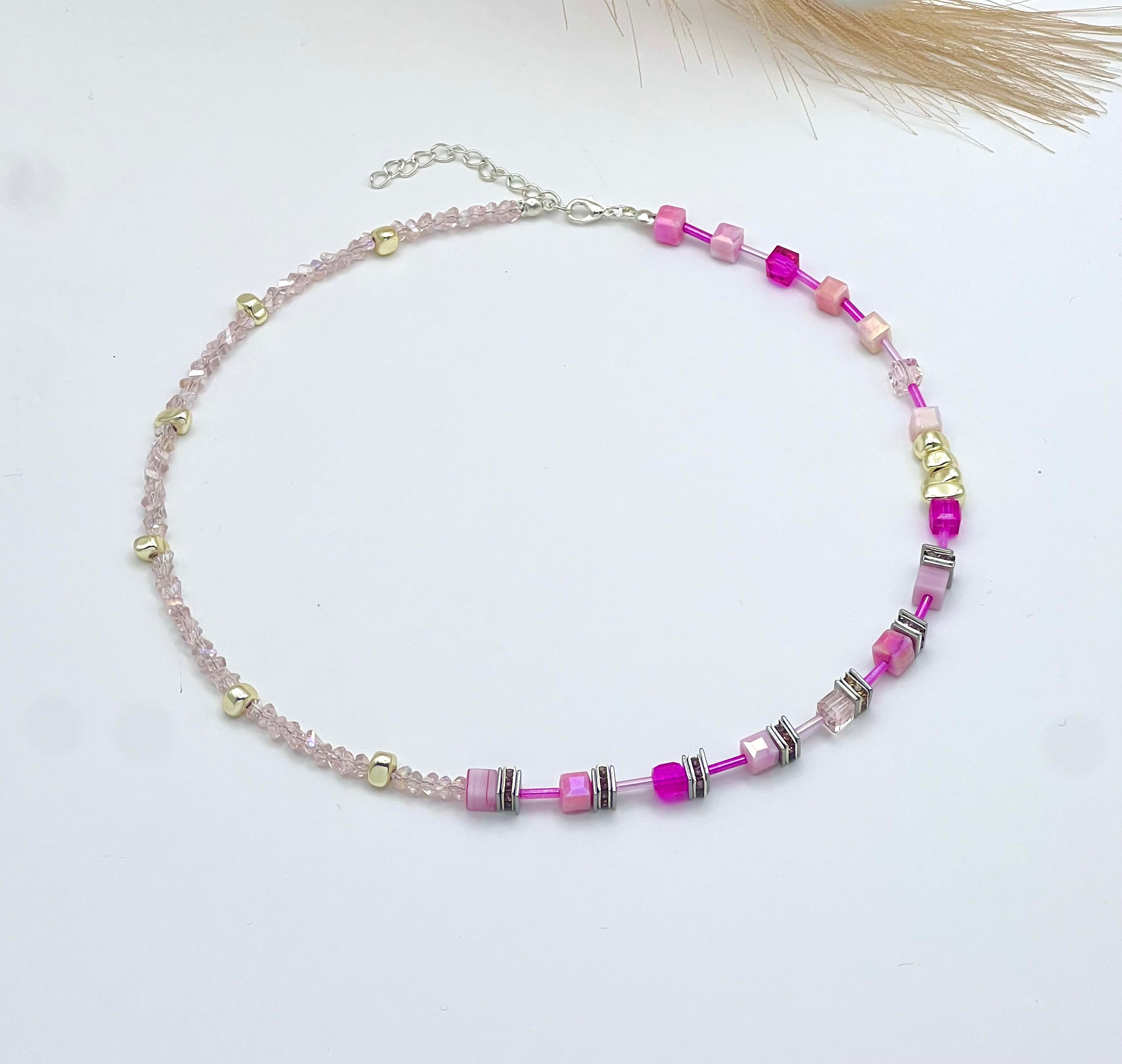 Rose Pink Crystal Glass Necklace Made with Natural Stones and a Silver-Plated Clasp – Women’s Jewellery
