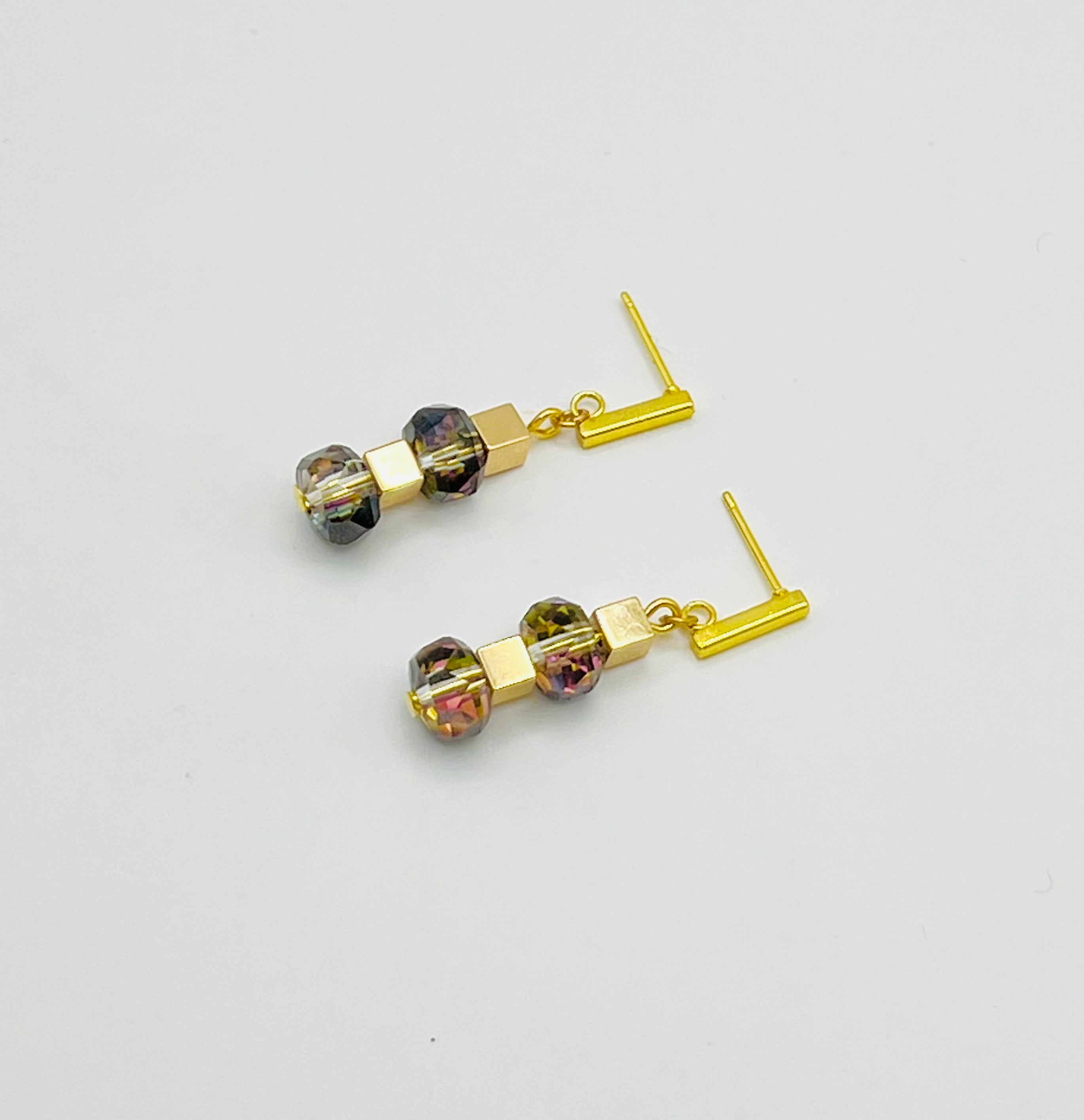 Transparent Black Crystal Glass Stone Drop Earrings | Gold Stainless Steel Clasp