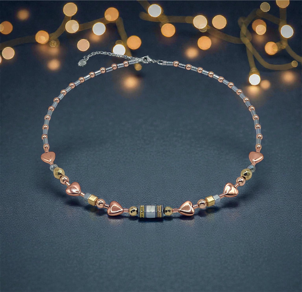 Silver, Gold & Rose Natural Stone Crystal Glass Necklace with Stainless Steel