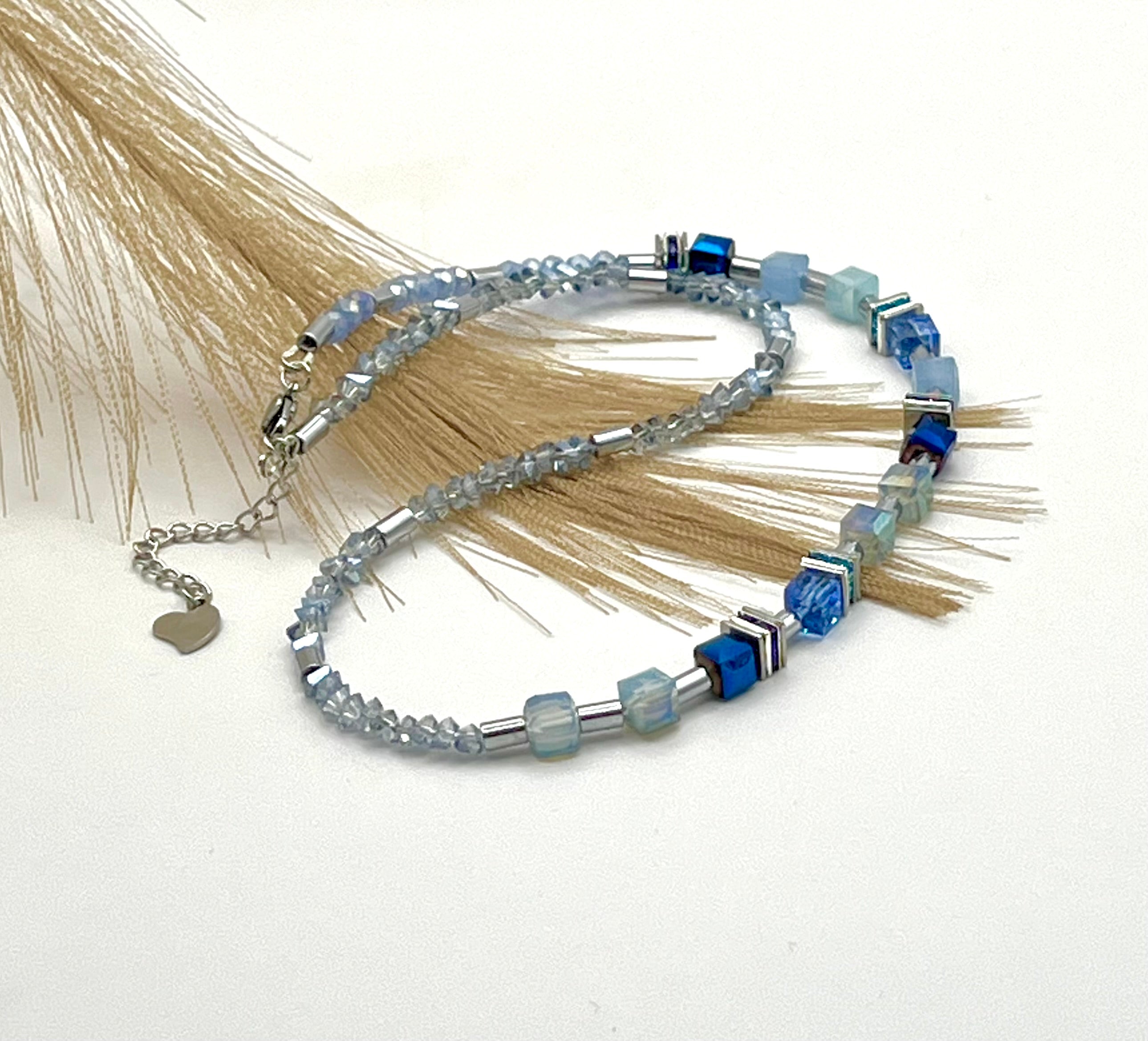 Delicate Light Blue Crystal Glass Necklace with Silver Steel