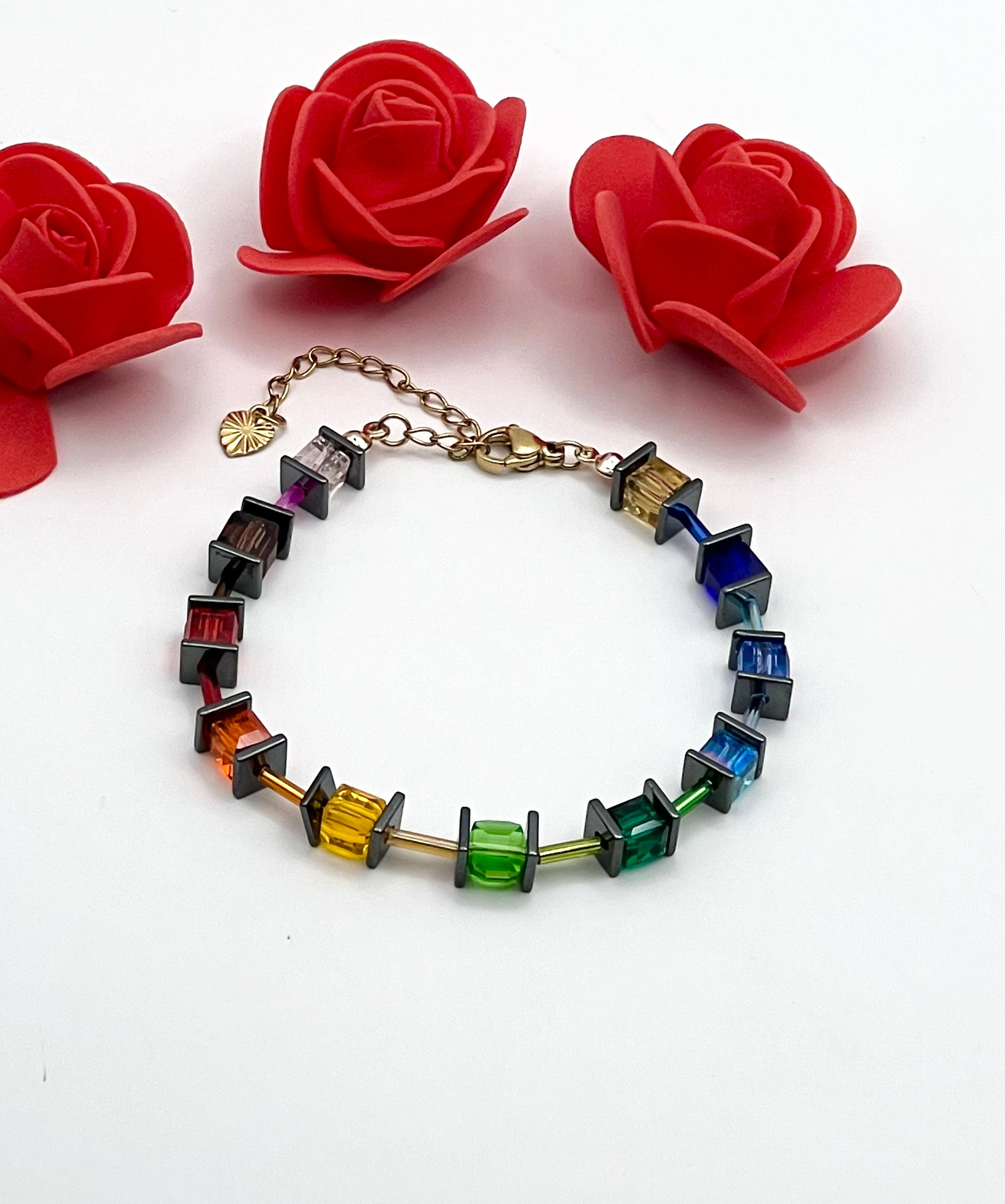 Multicolour Crystal Glass Stone Bracelet | Gold Stainless Steel