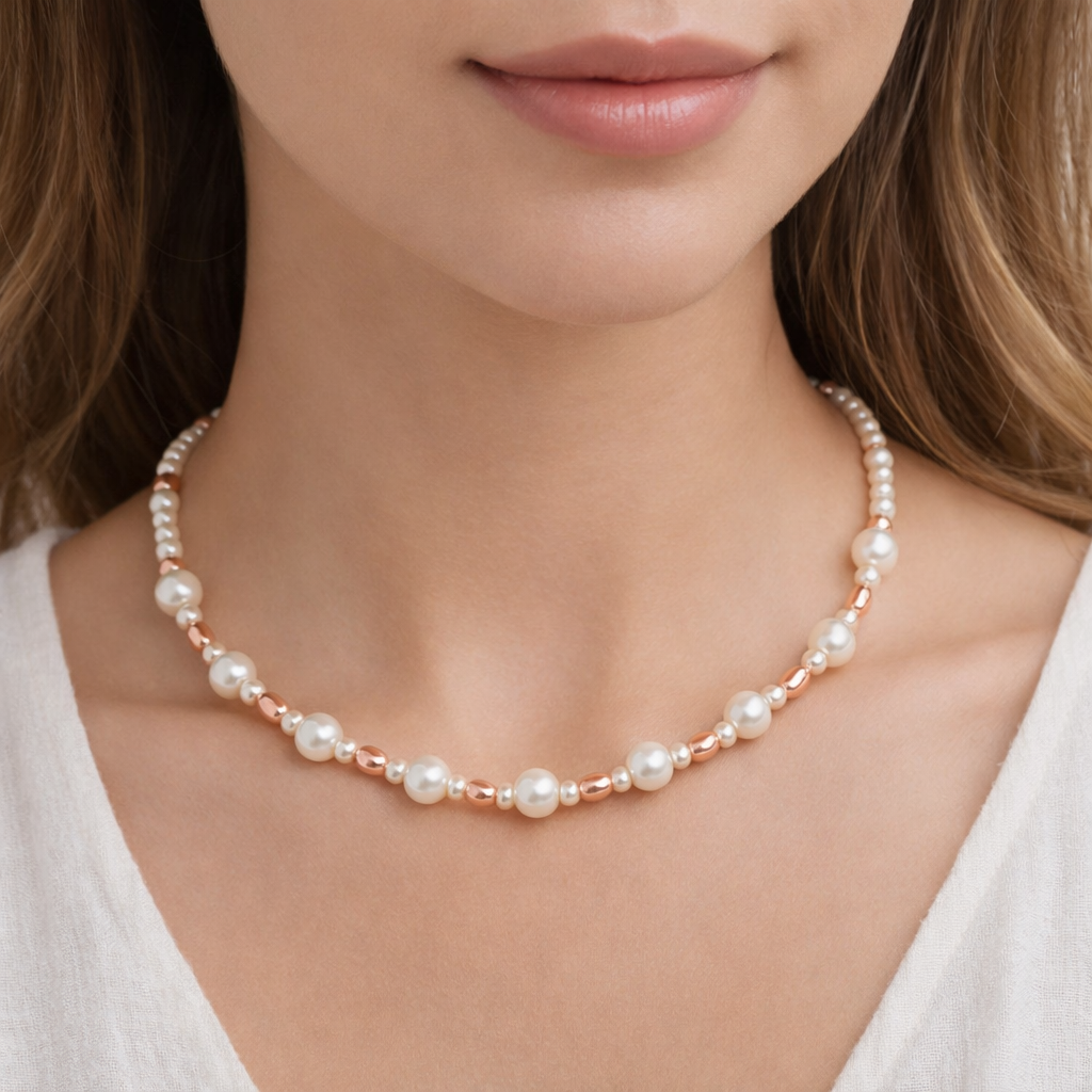 Cream and Rose Gold Natural Stone Necklace with Gold Stainless Steel Clasp