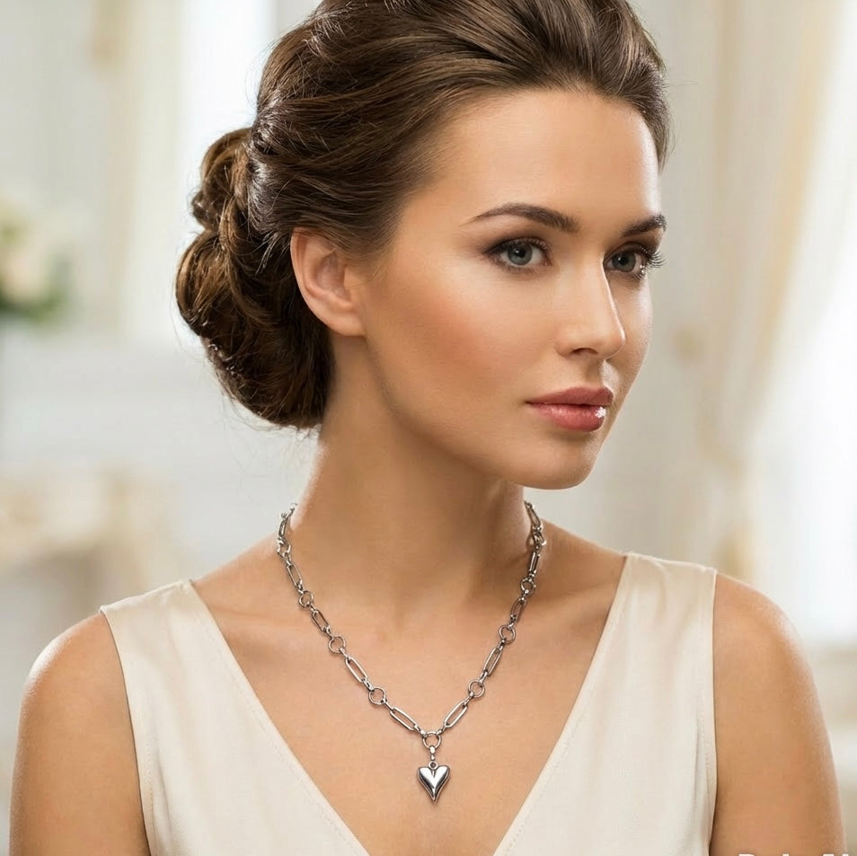 Silver Stainless Steel Heart Pendant Chain Necklace for Women – Gift Jewelry