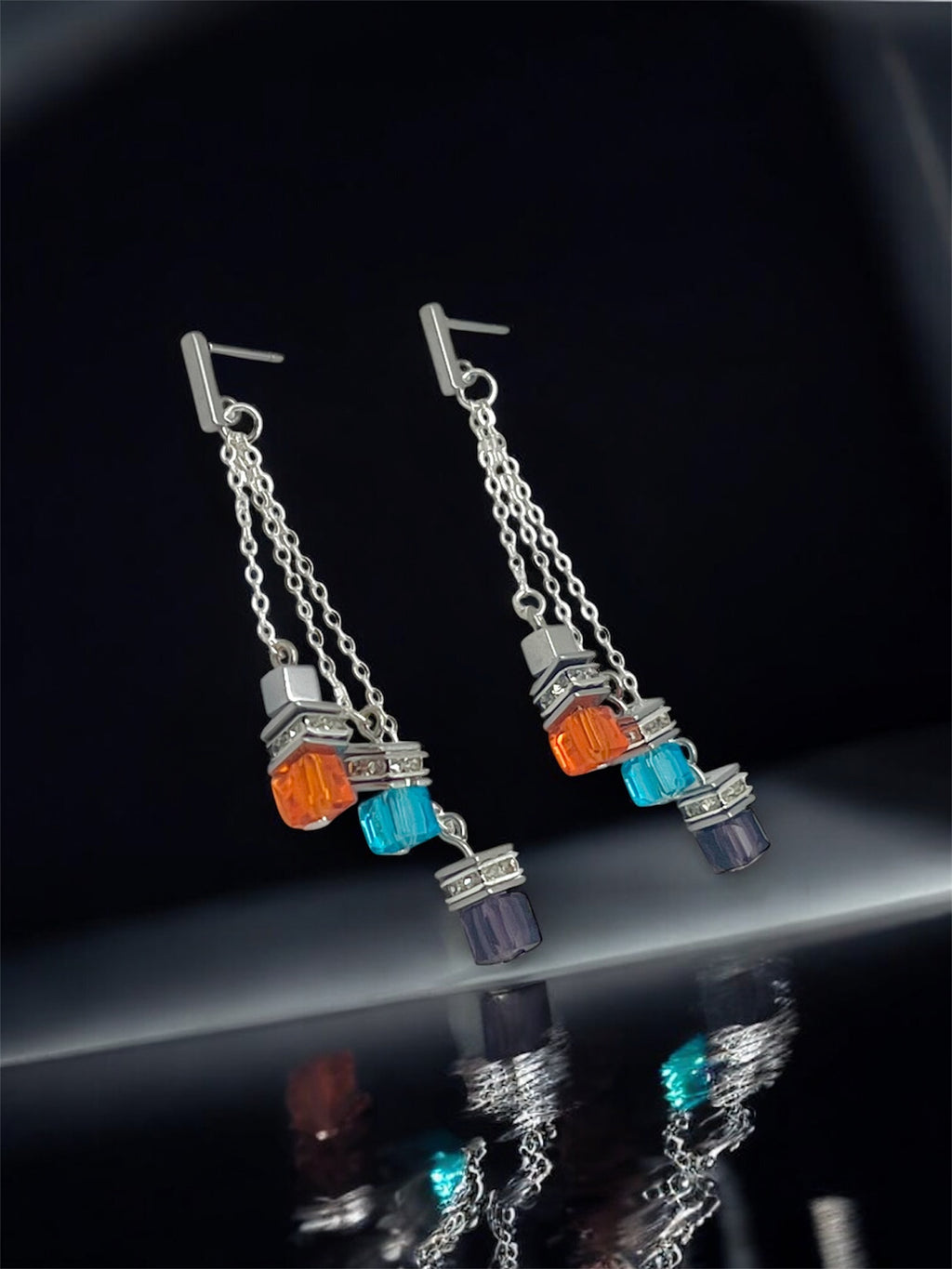 Multicolour Cube Crystal Glass Drop Earrings | Silver Stainless Steel