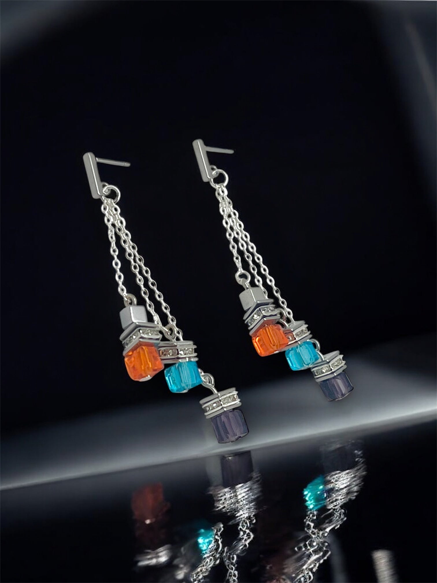 Multicolour Cube Crystal Glass Drop Earrings | Silver Stainless Steel