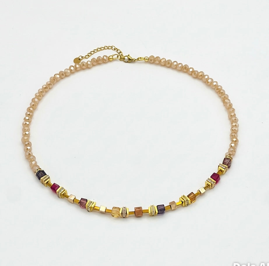 Elegant Mixed Cream Crystal Glass Necklace | Gold Stainless Steel Clasp