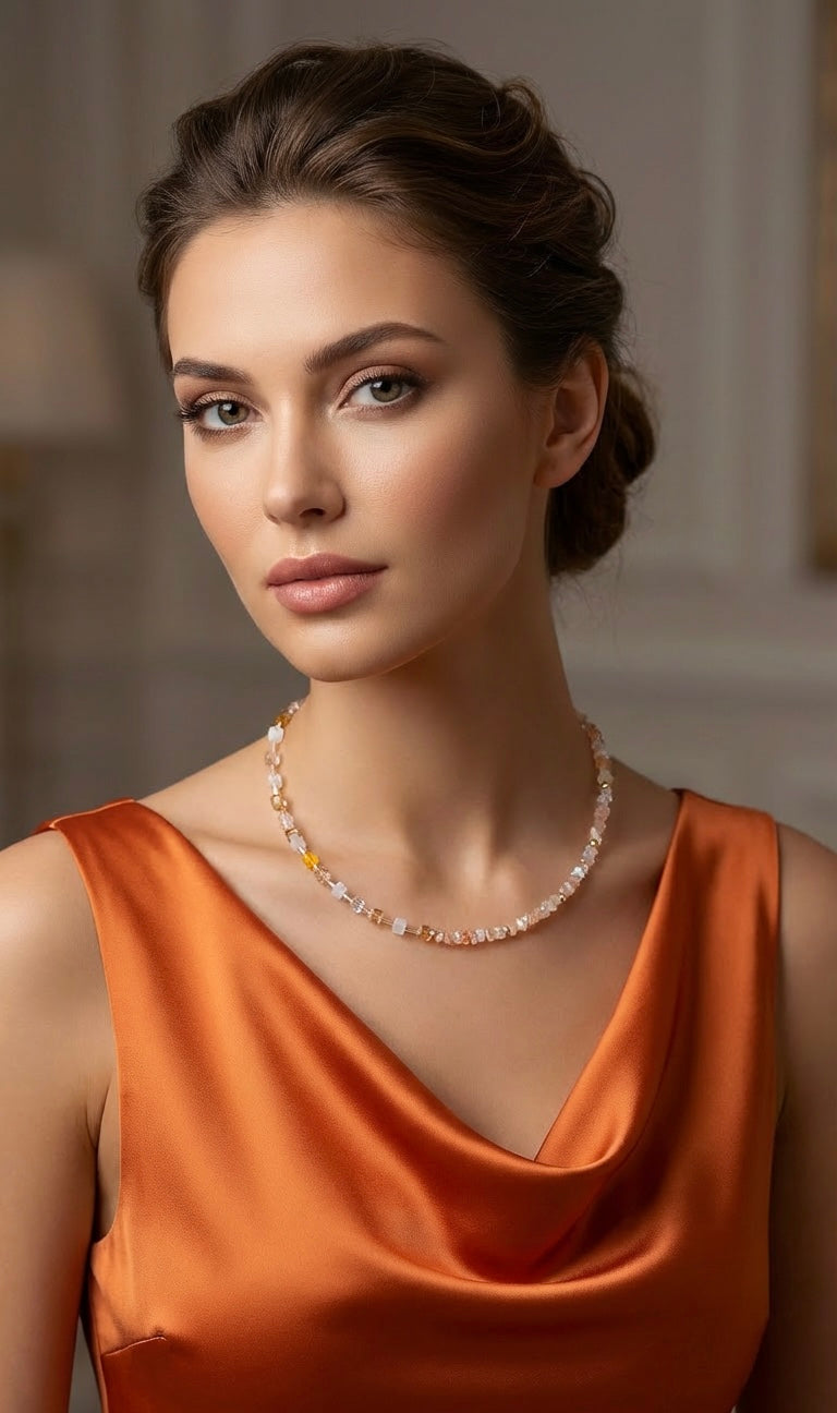 Champagne Crystal Glass Necklace – Gold Stainless Steel