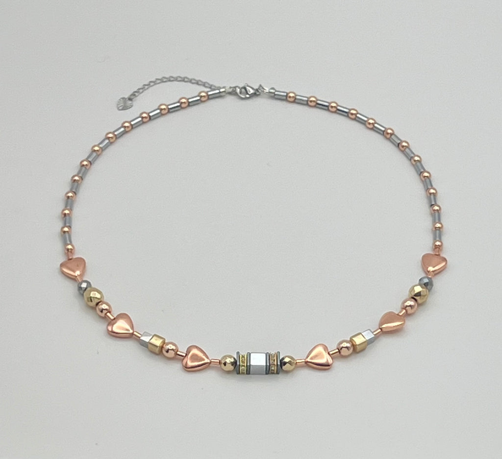 Silver, Gold & Rose Natural Stone Crystal Glass Necklace with Stainless Steel