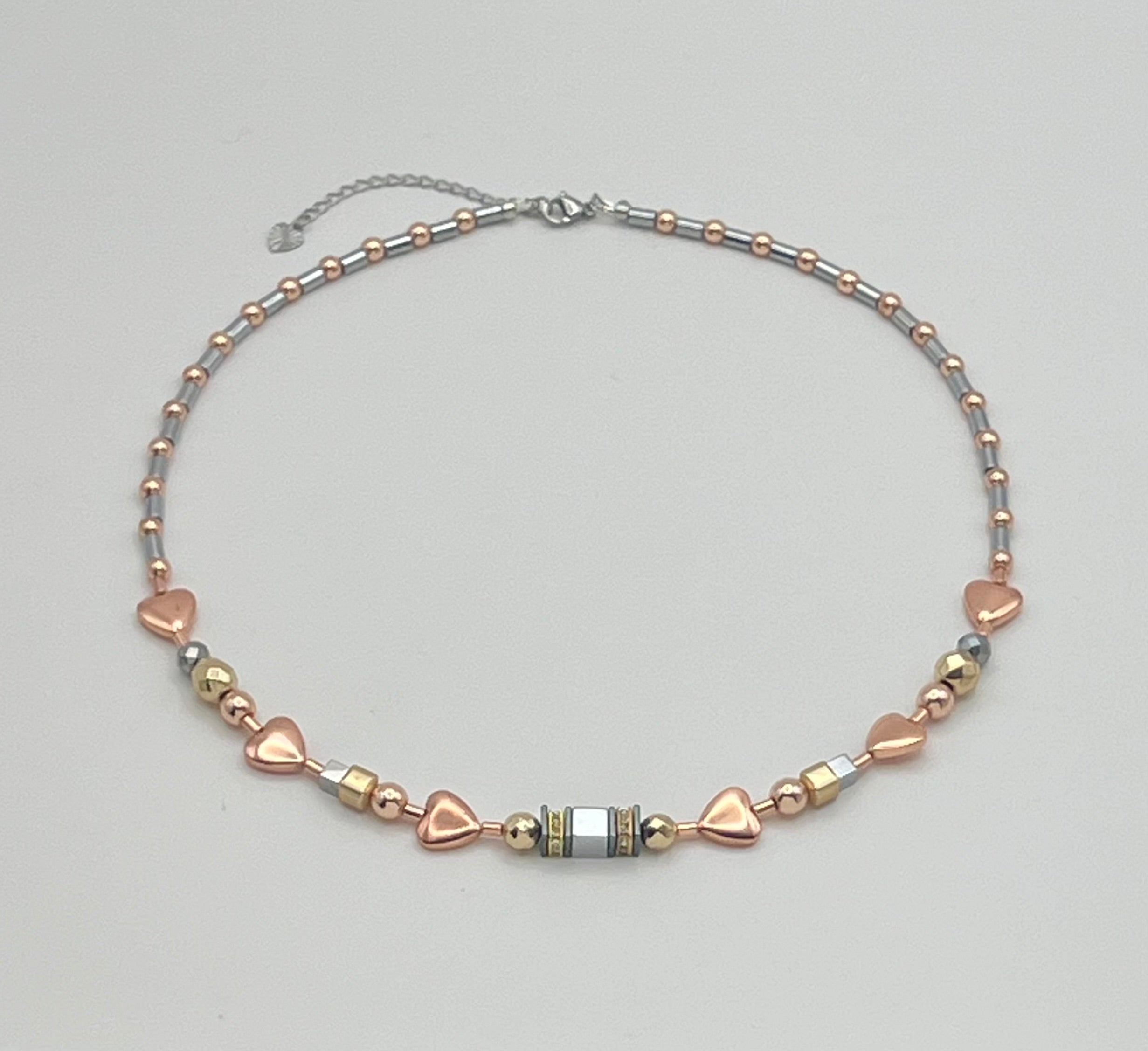 Silver, Gold & Rose Natural Stone Crystal Glass Necklace with Stainless Steel