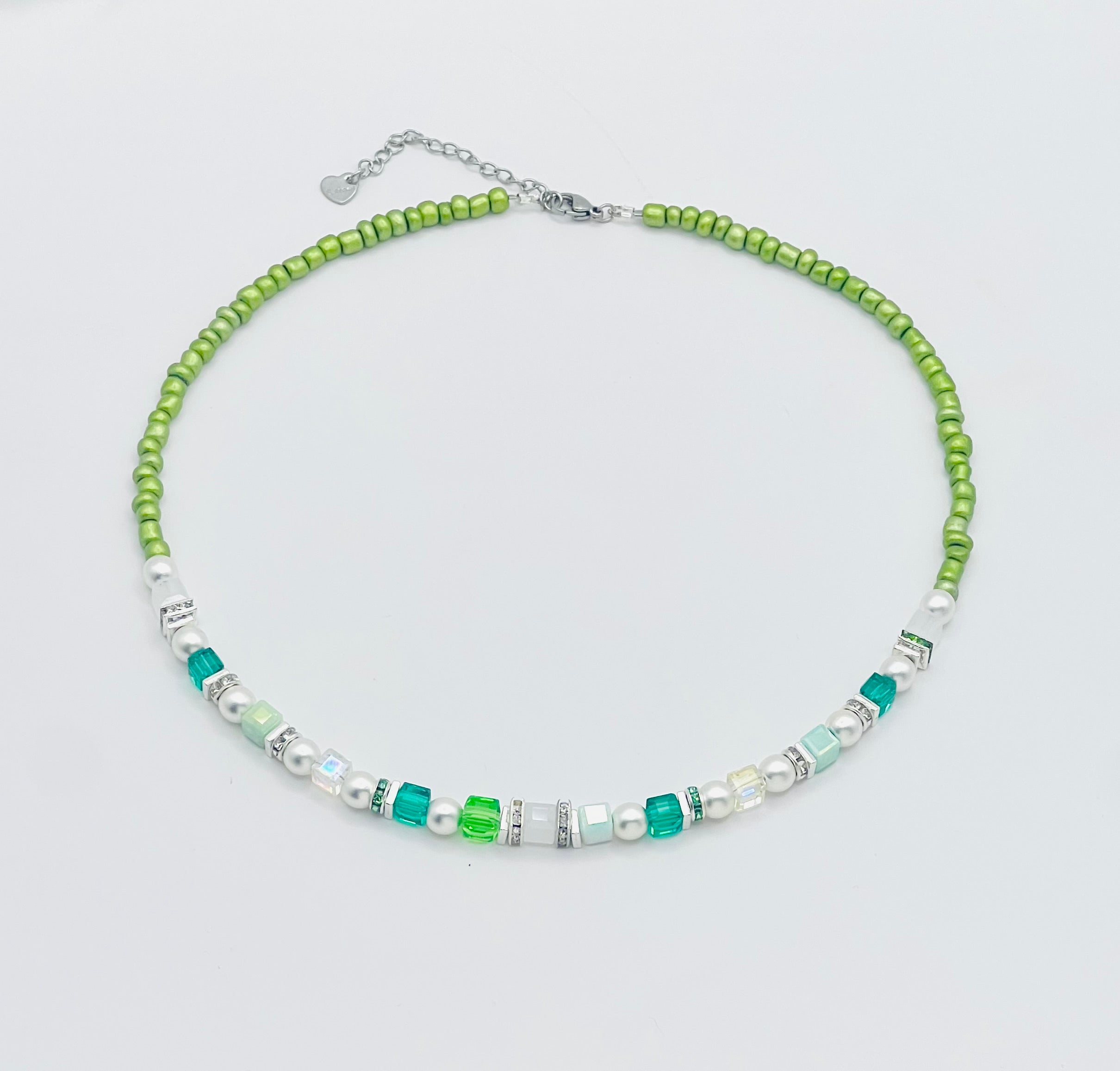 Green & White Crystal Glass Stone Bracelet | Silver Stainless Steel