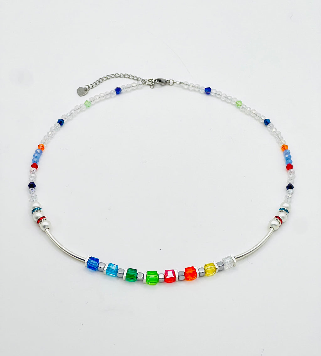 Multicolour & Clear Crystal Glass Necklace | Silver-Plated Steel Clasp