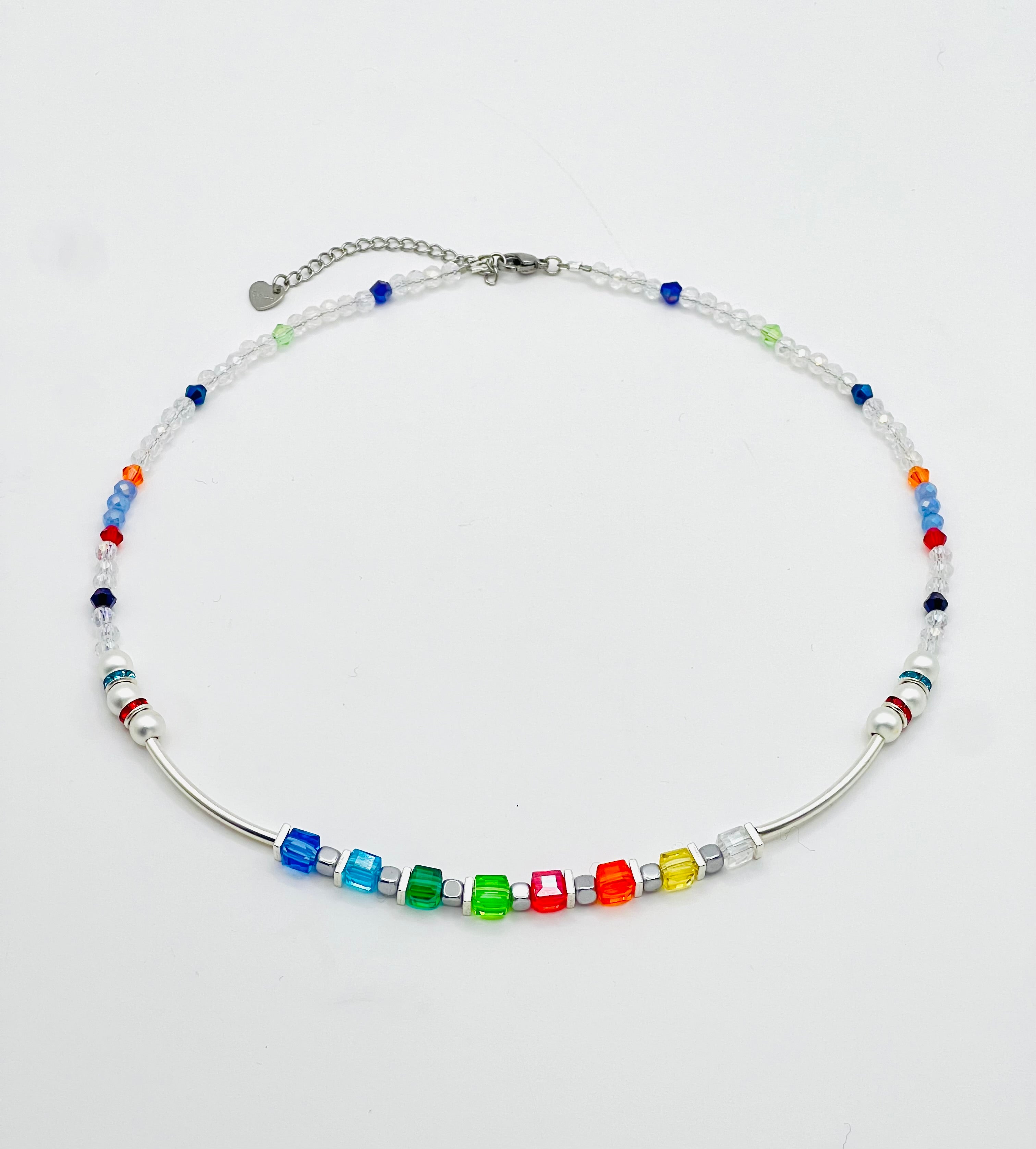 Multicolour & Clear Crystal Glass Necklace | Silver-Plated Steel Clasp