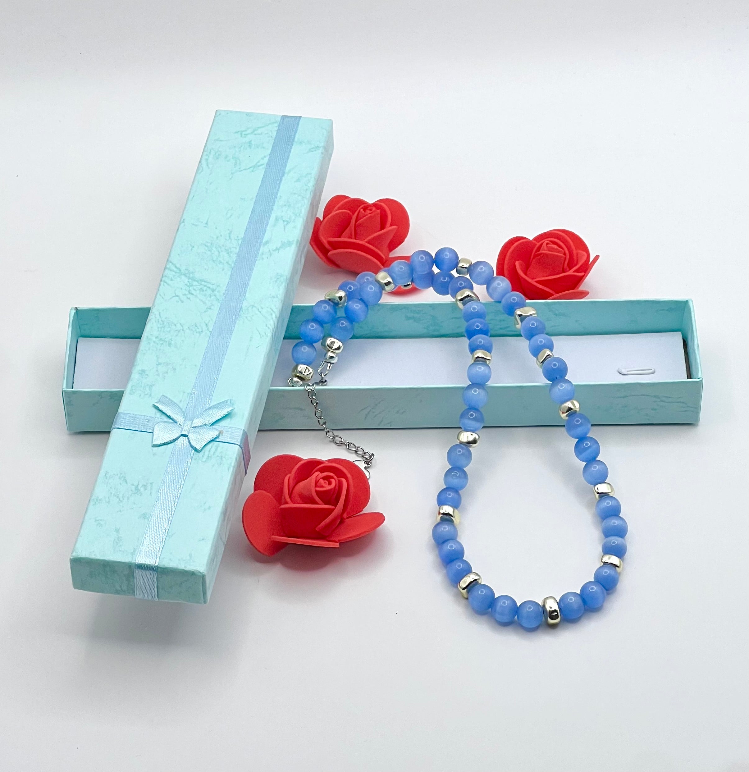 Blue Cat’s Eye Natural Stone Necklace | Silver Stainless Steel Lobster Clasp