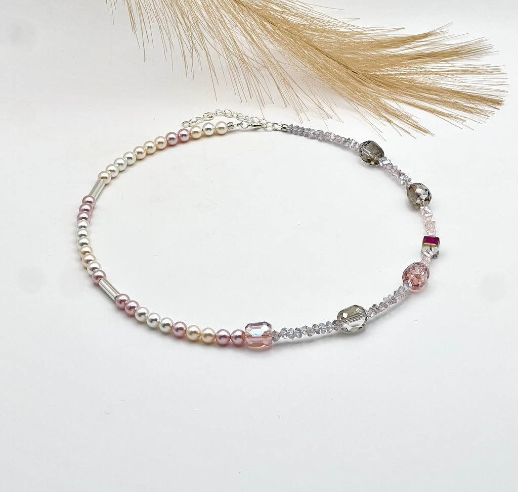 Lily of the Valley - Light pink and grey crystal glass stones necklace with a silver-plated lobster clasp