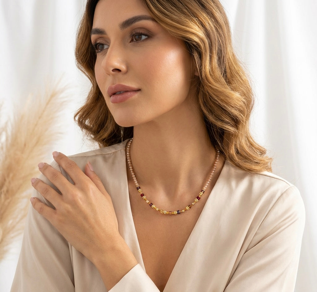 Elegant Mixed Cream Crystal Glass Necklace | Gold Stainless Steel Clasp