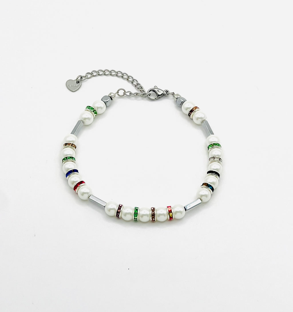 White Natural Stone & Multicolour Rhinestone Bracelet| Silver-Plated Clasp