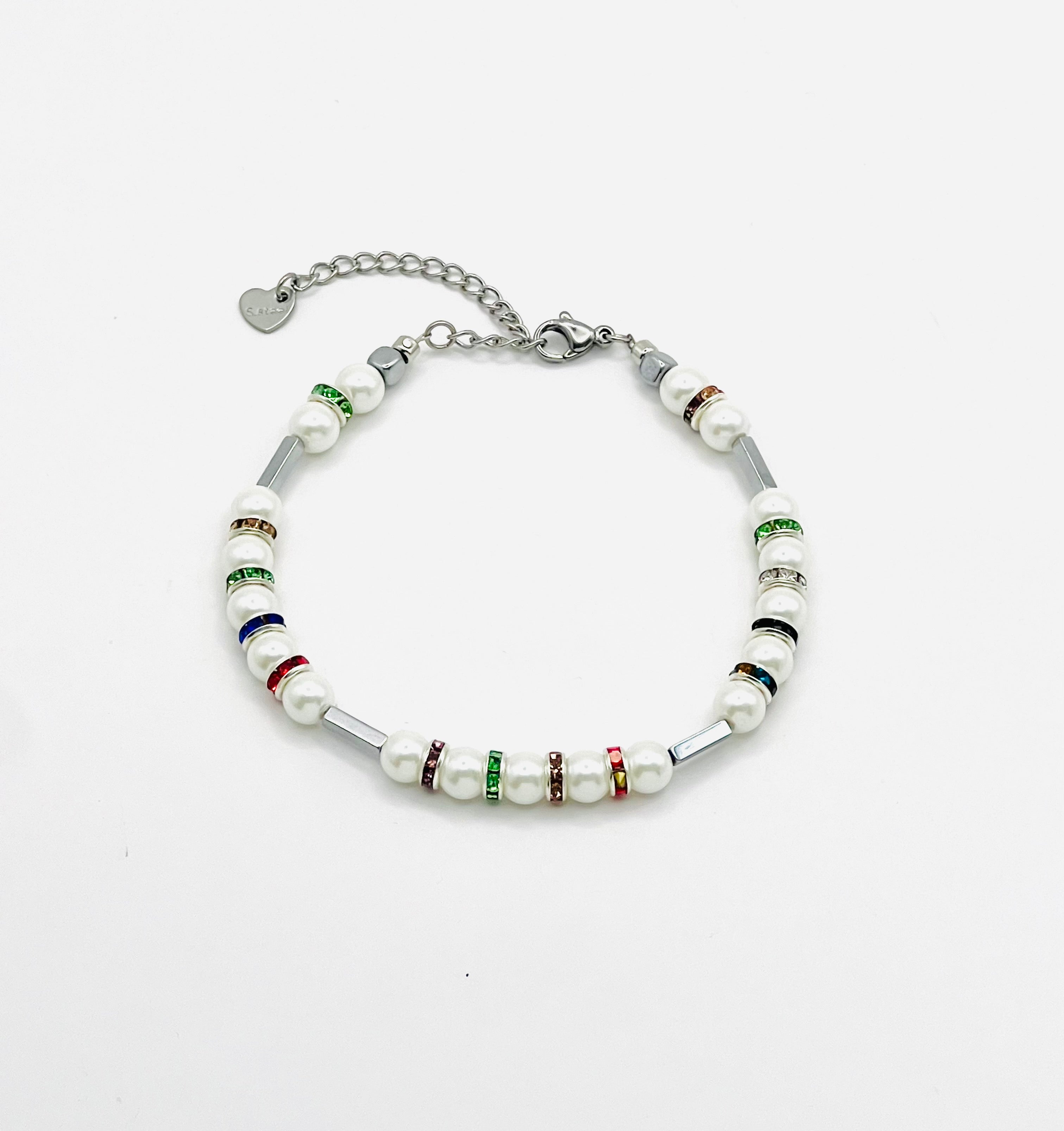 White Natural Stone & Multicolour Rhinestone Bracelet| Silver-Plated Clasp