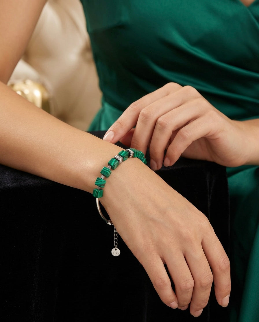 Green Malachite Stone Bracelet | Silver-Plated Steel Lobster Claspl