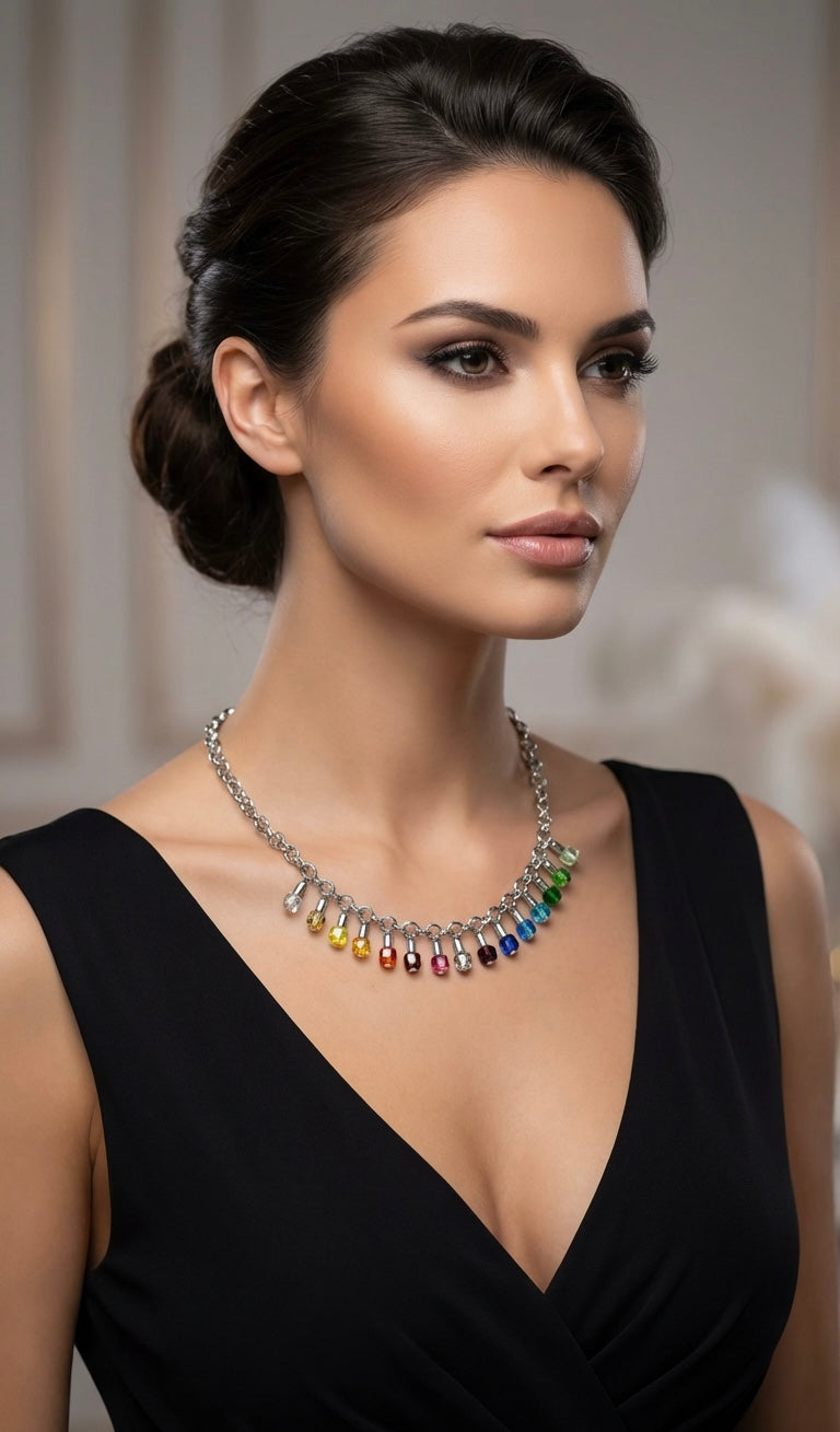 Multicolour Crystal Glass Necklace with Stainless Steel Chain