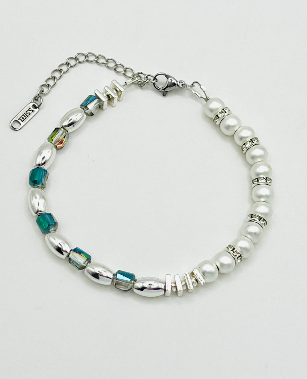 White Stone & Ash Transparent Glass Bead Bracelet – Silver Stainless Steel