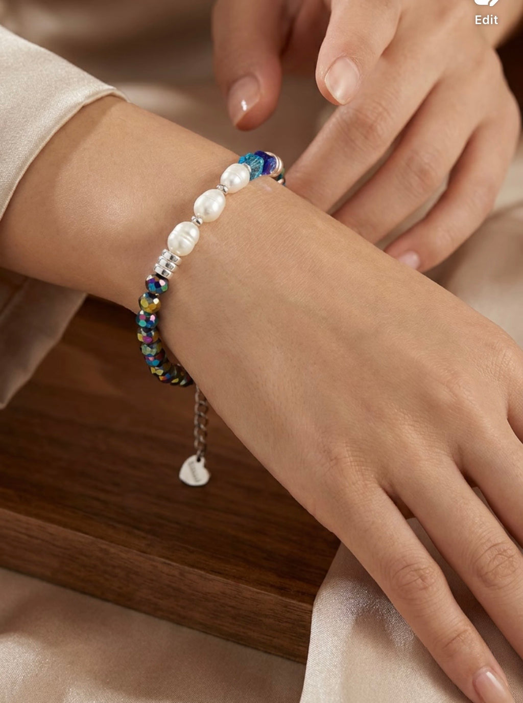 All Blue Glass Bracelet with White Natural Pearls – Silver Stainless Steel