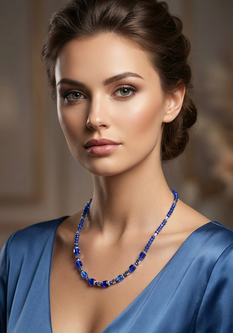 Royal Blue Crystal Glass & Natural Stone Necklace – Silver-Plated Jewelry for Women