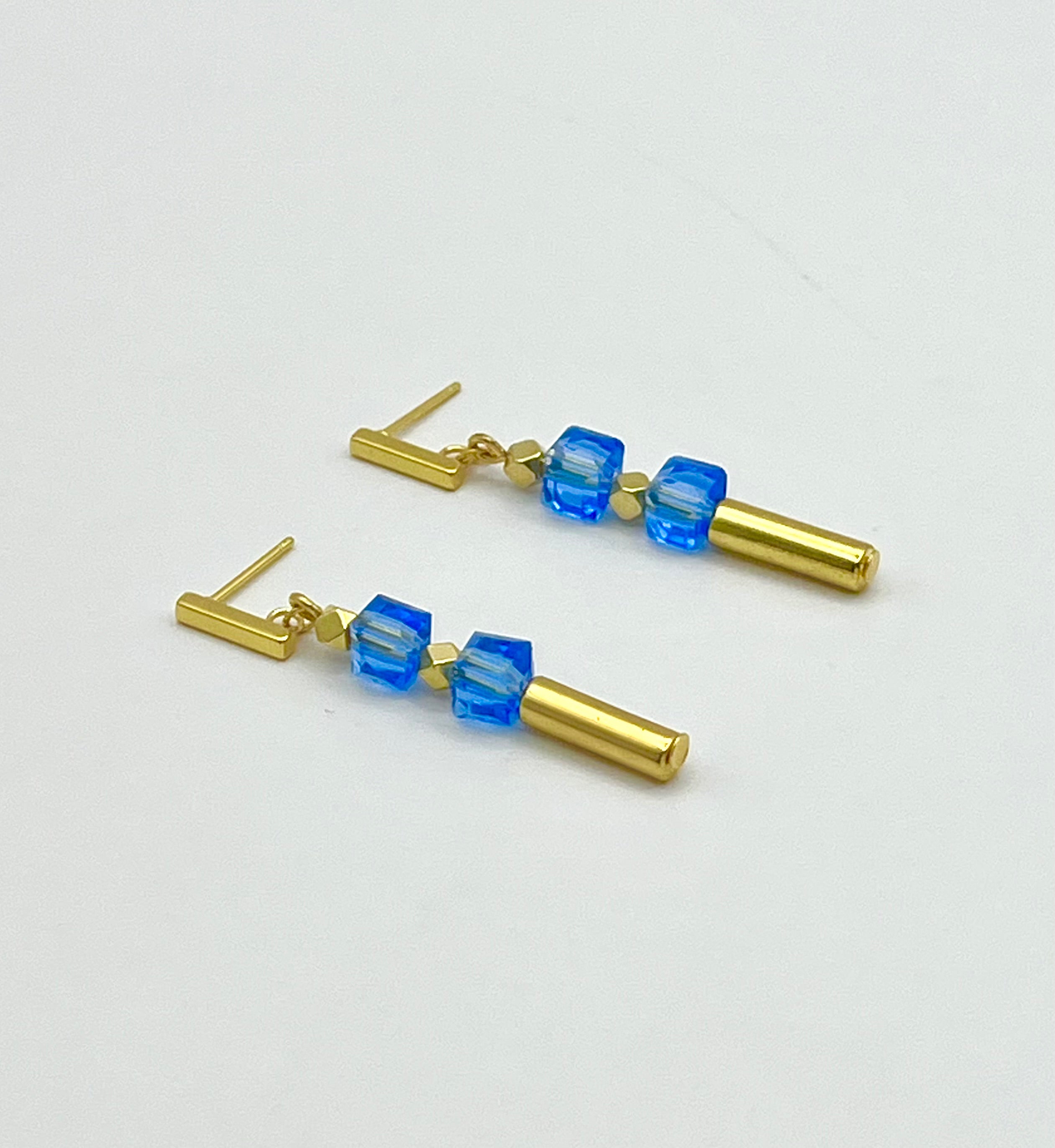 Blue & Gold Cube Drop Crystal Glass Stone Earrings | Stainless Steel Studs