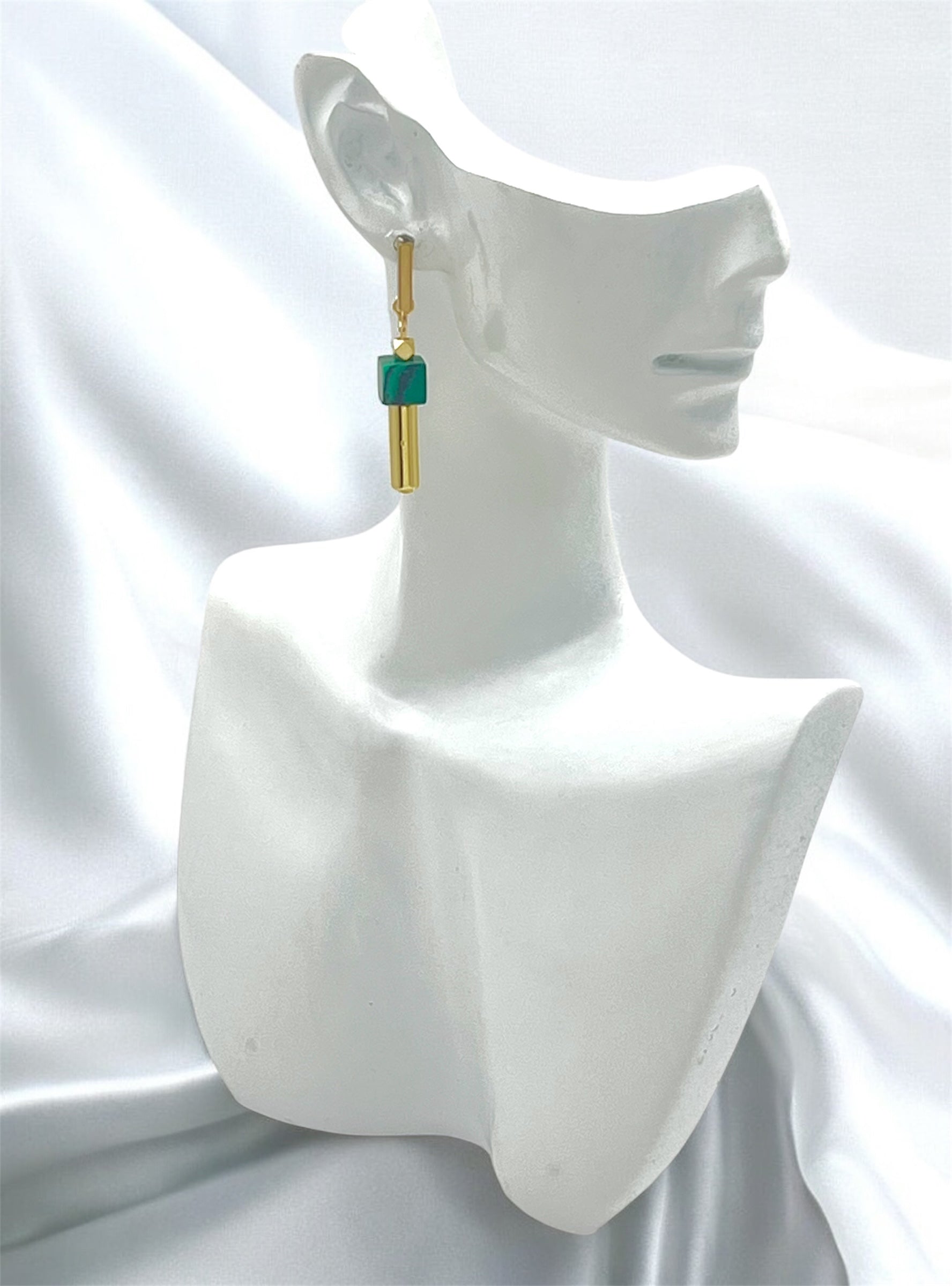 Green Machiate Stone Cube Drop Earrings | Gold Stainless Steel Jewelry
