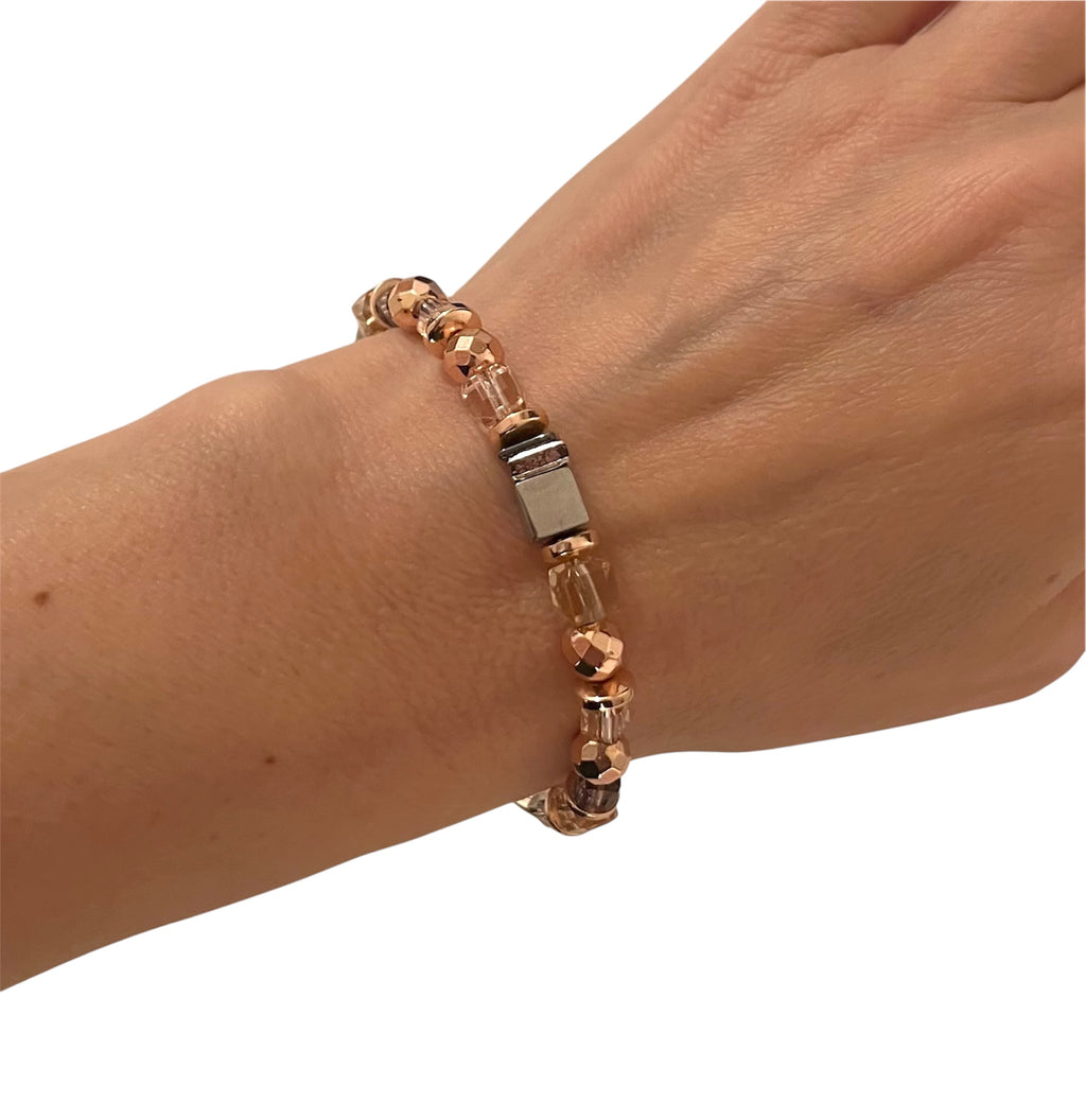 Silver, Gold & Rose Natural Stone Crystal Glass Bracelet with Stainless Steel
