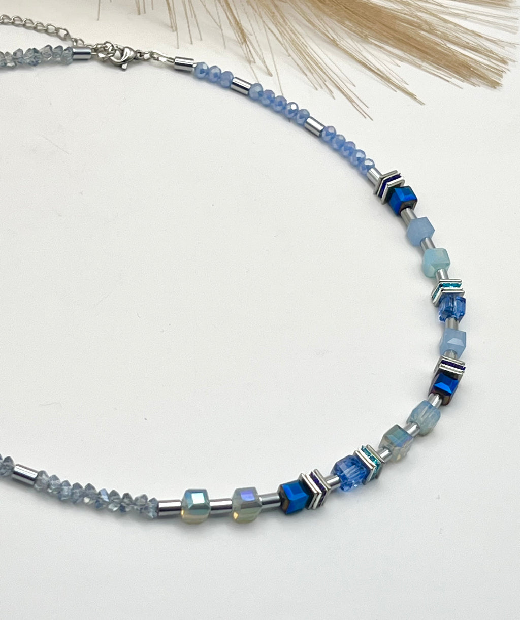 Delicate Light Blue Crystal Glass Necklace with Silver Steel